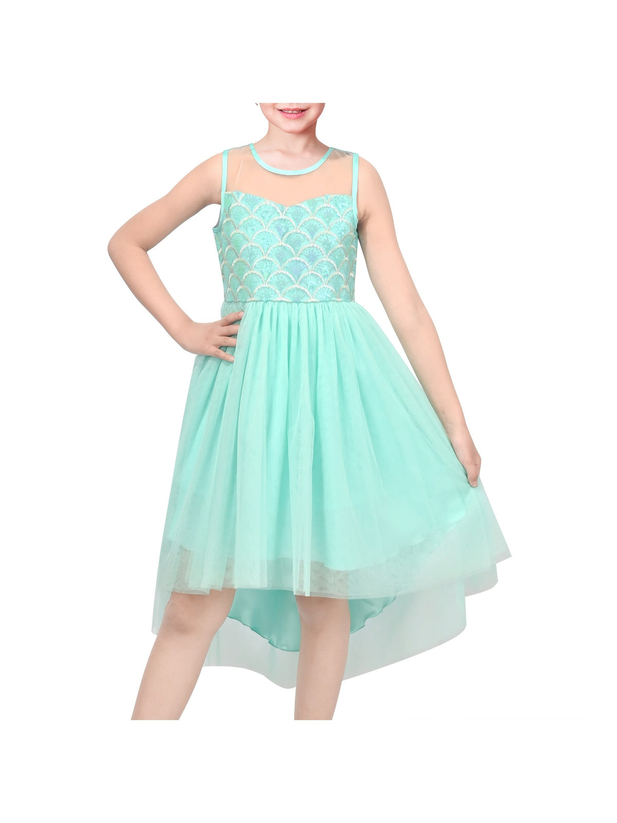 Girls Dress Peach Sequin Mermaid High Low Tulle Party Gown Fantasy Beach Formal Pageant - Green Tail