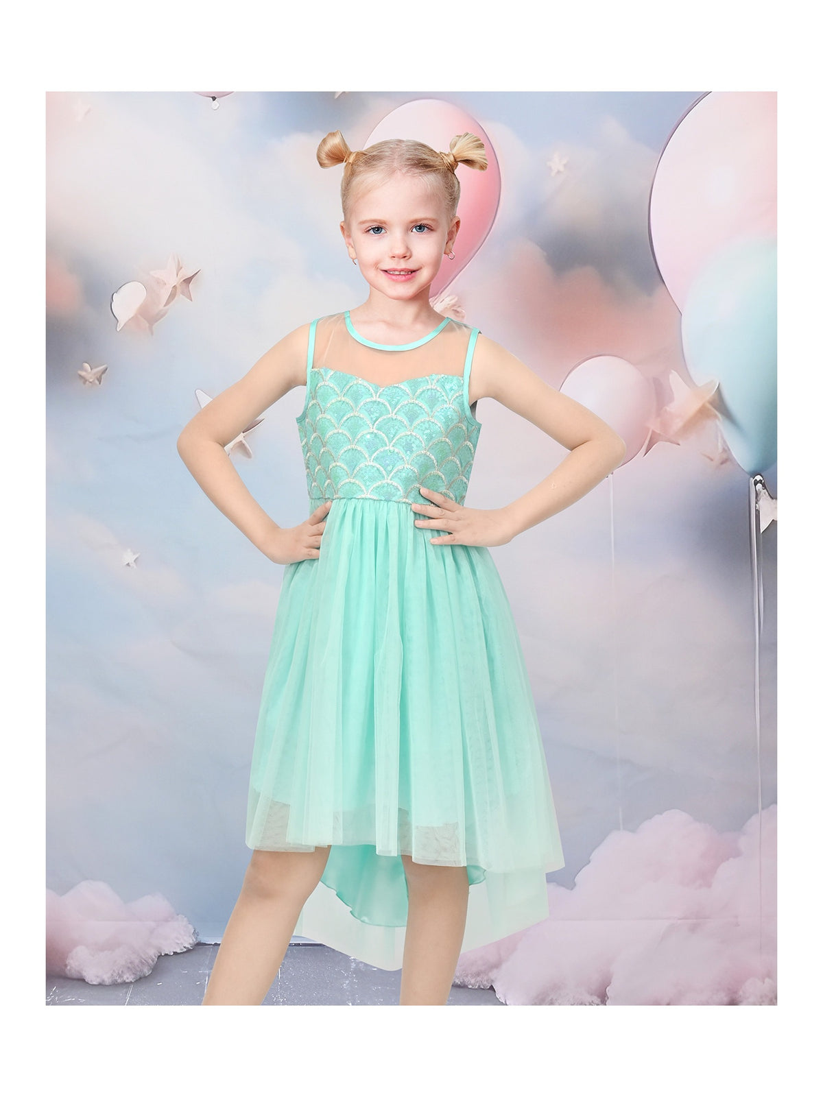 Girls Dress Peach Sequin Mermaid High Low Tulle Party Gown Fantasy Beach Formal Pageant - Green Tail
