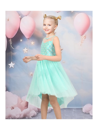 Girls Dress Peach Sequin Mermaid High Low Tulle Party Gown Fantasy Beach Formal Pageant - Green Tail