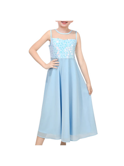 Girls Dress Deep Pink Chiffon Bridesmaid Dance Ball Maxi Gown - Light Blue Maxi