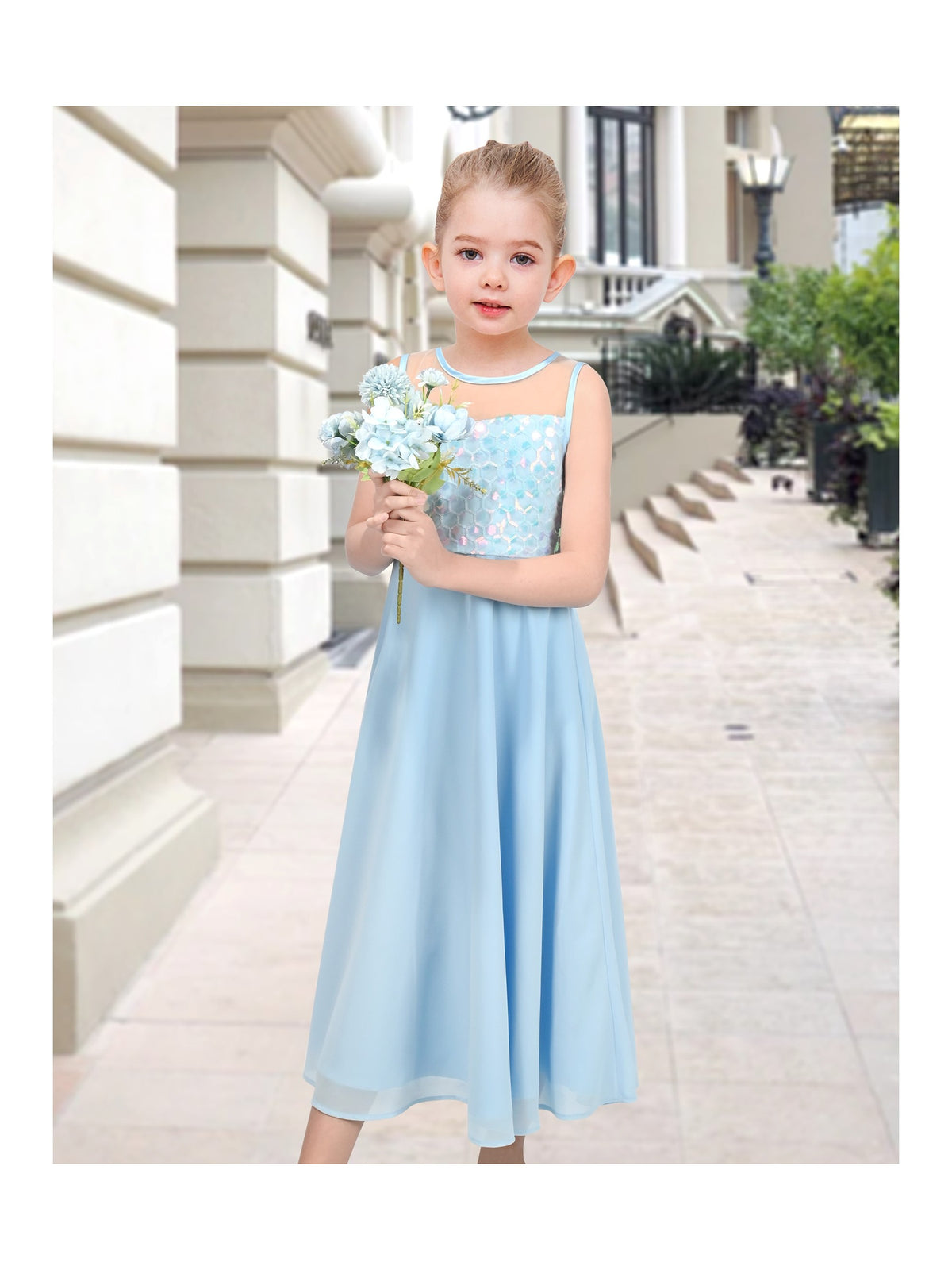 Girls Dress Deep Pink Chiffon Bridesmaid Dance Ball Maxi Gown - Light Blue Maxi