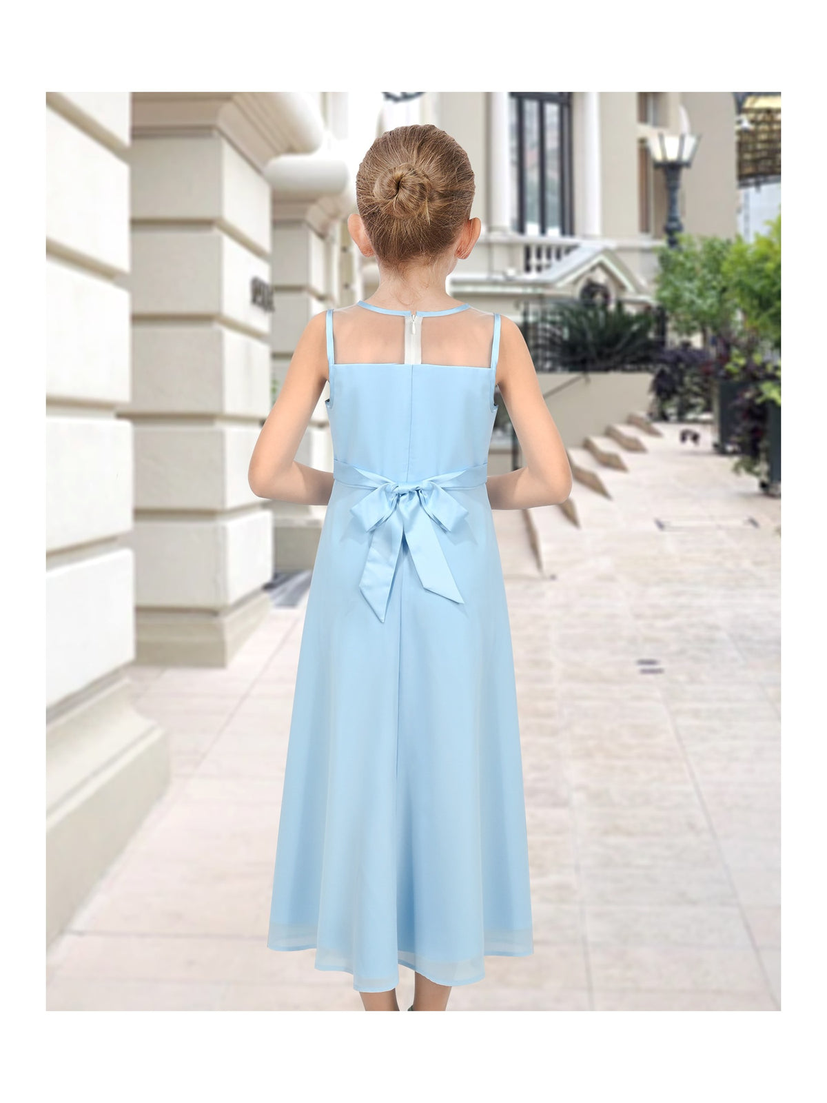 Girls Dress Deep Pink Chiffon Bridesmaid Dance Ball Maxi Gown - Light Blue Maxi