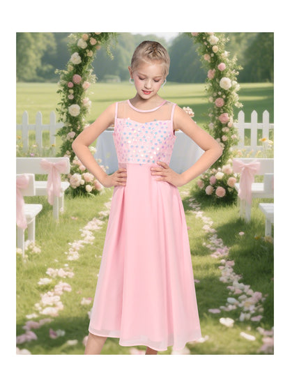 Girls Dress Deep Pink Chiffon Bridesmaid Dance Ball Maxi Gown - Pink Blush Maxi