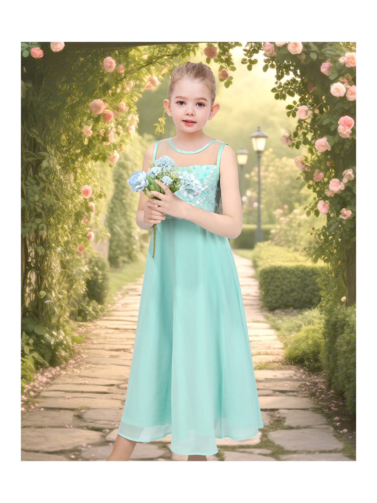 Girls Dress Deep Pink Chiffon Bridesmaid Dance Ball Maxi Gown - Light Green Maxi