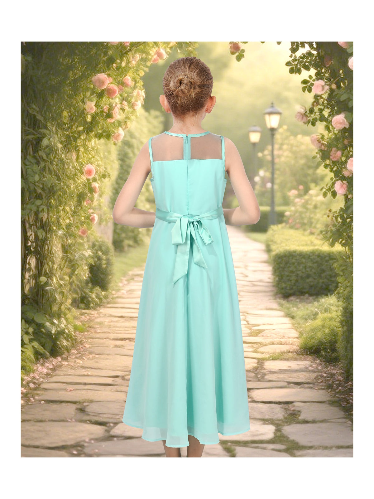 Girls Dress Deep Pink Chiffon Bridesmaid Dance Ball Maxi Gown - Light Green Maxi