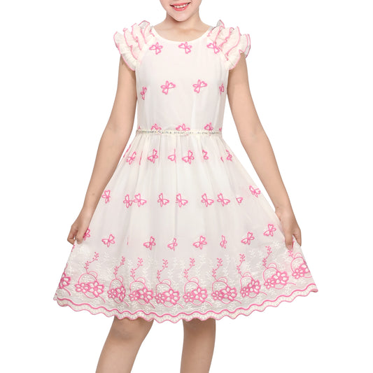 Girls White Dress Pink Floral Butterfly Embroidery Flutter Sleeves Scalloped Hem Girl Wedding Party Dress Pink
