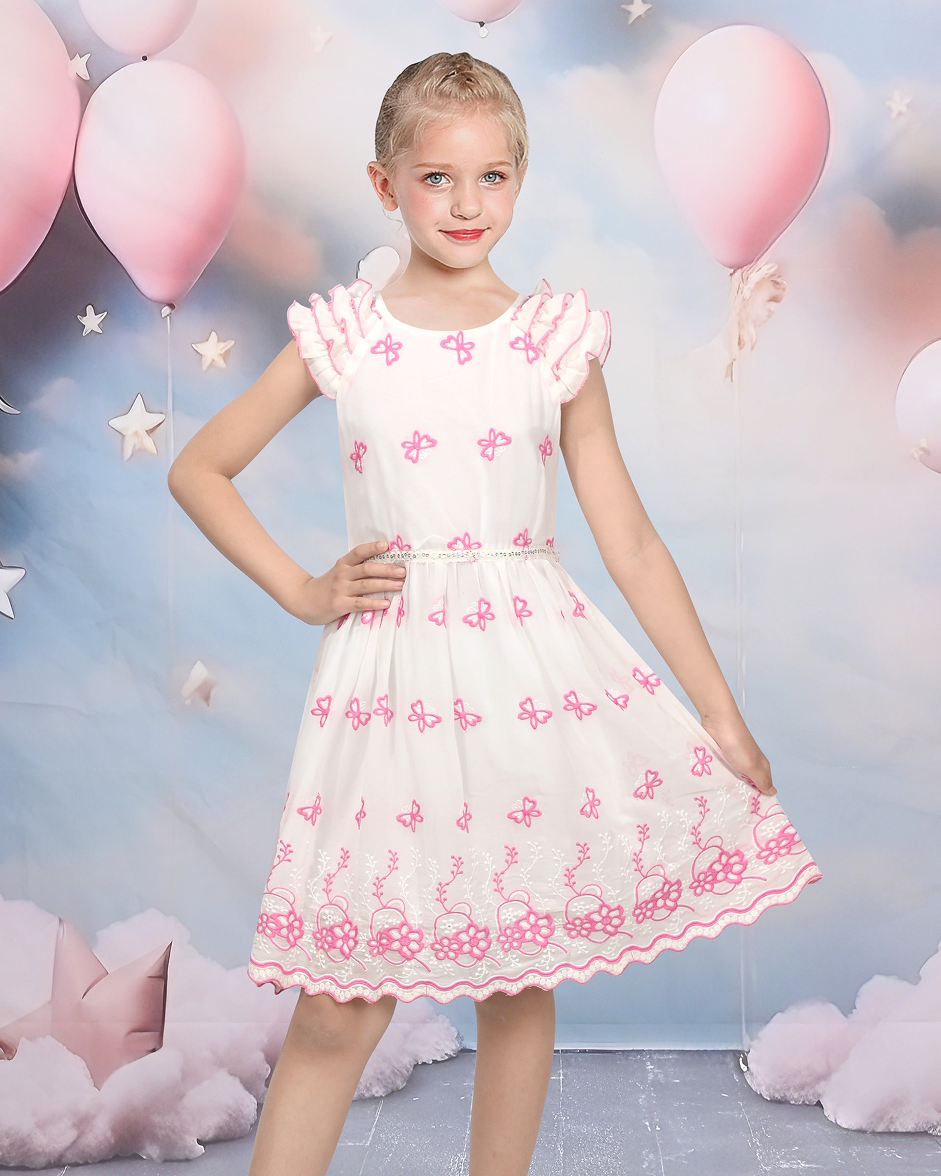 Girls White Dress Pink Floral Butterfly Embroidery Flutter Sleeves Scalloped Hem Girl Wedding Party Dress Pink