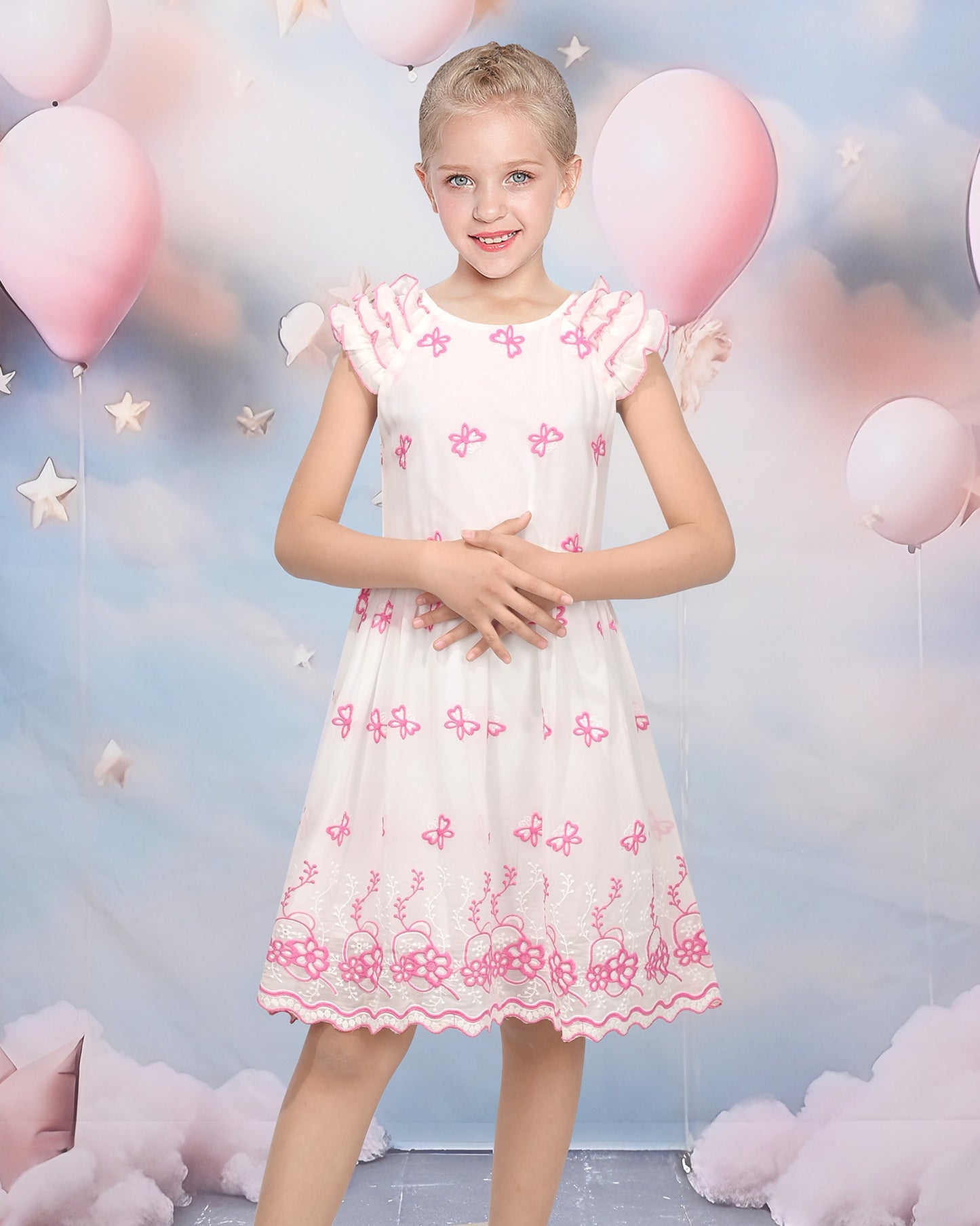 Girls White Dress Pink Floral Butterfly Embroidery Flutter Sleeves Scalloped Hem Girl Wedding Party Dress Pink