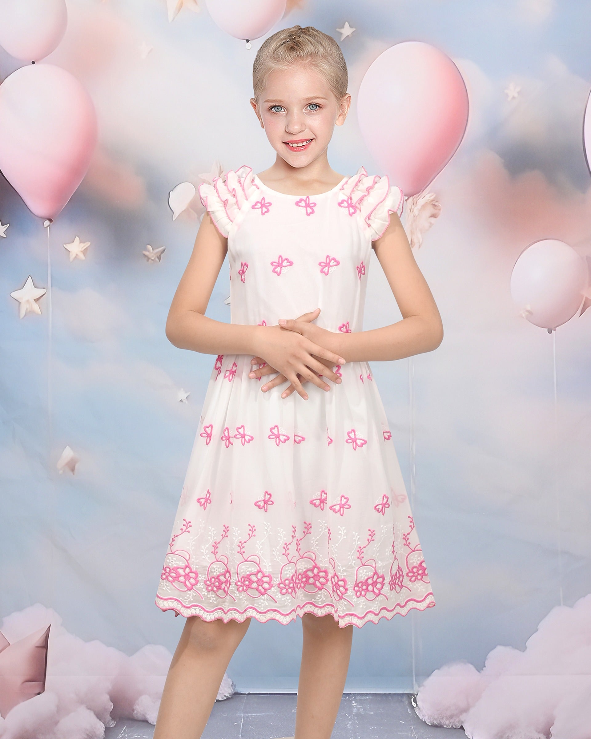 Girls White Dress Pink Floral Butterfly Embroidery Flutter Sleeves Scalloped Hem Girl Wedding Party Dress Pink