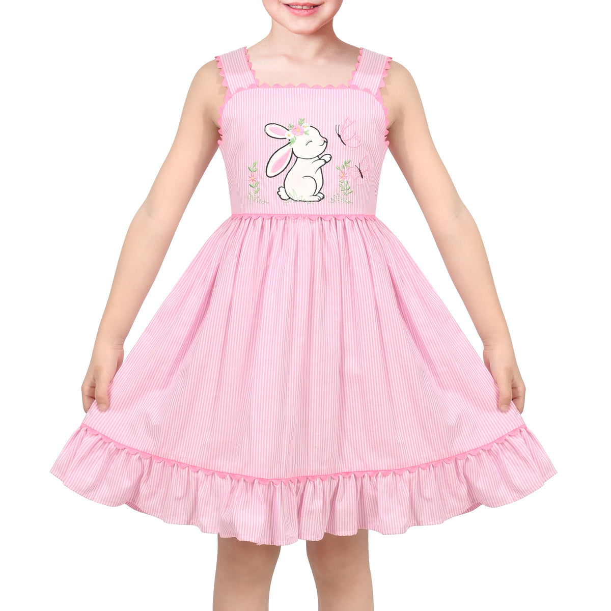 Girls Pink Heart Print Bow Tie Party Sundress Kids Clothes SZ - Pink Striped Bunny