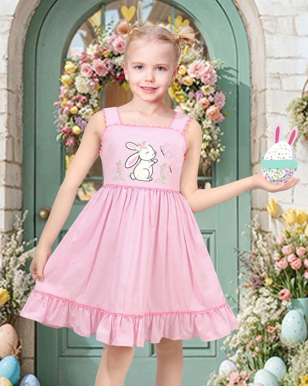 Girls Pink Heart Print Bow Tie Party Sundress Kids Clothes SZ - Pink Striped Bunny