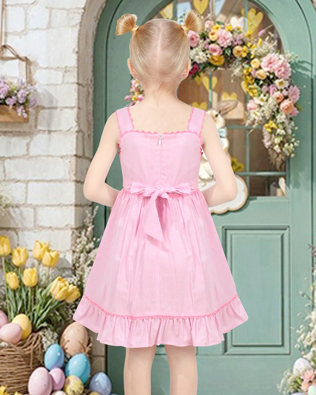 Girls Pink Heart Print Bow Tie Party Sundress Kids Clothes SZ - Pink Striped Bunny