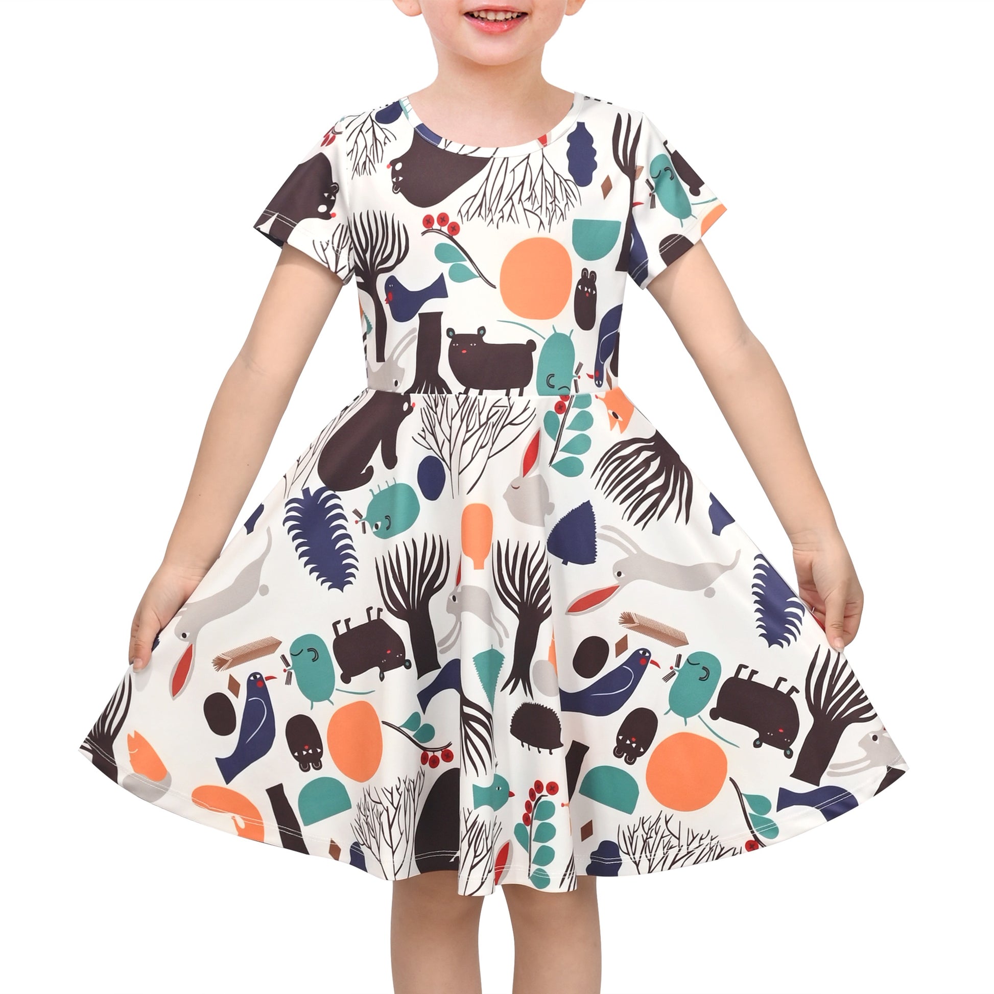 Girls Dress Blue Unicorn Short Sleeve Casual Dress Multi-Color