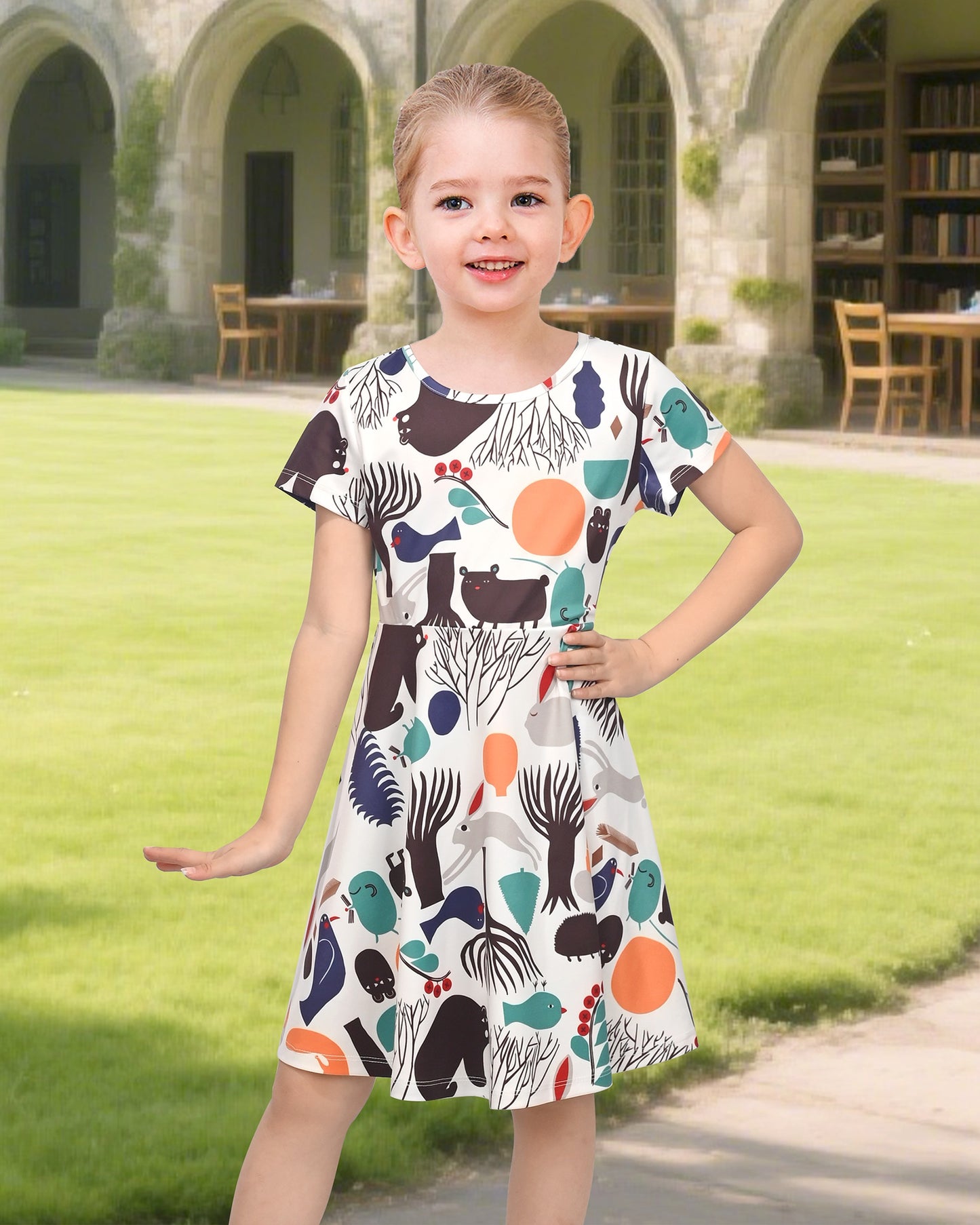 Girls Dress Blue Unicorn Short Sleeve Casual Dress Multi-Color