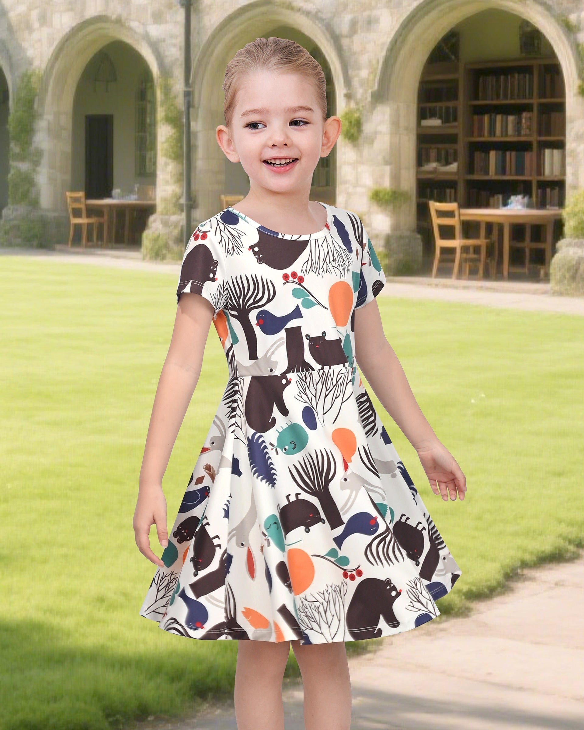 Girls Dress Blue Unicorn Short Sleeve Casual Dress Multi-Color