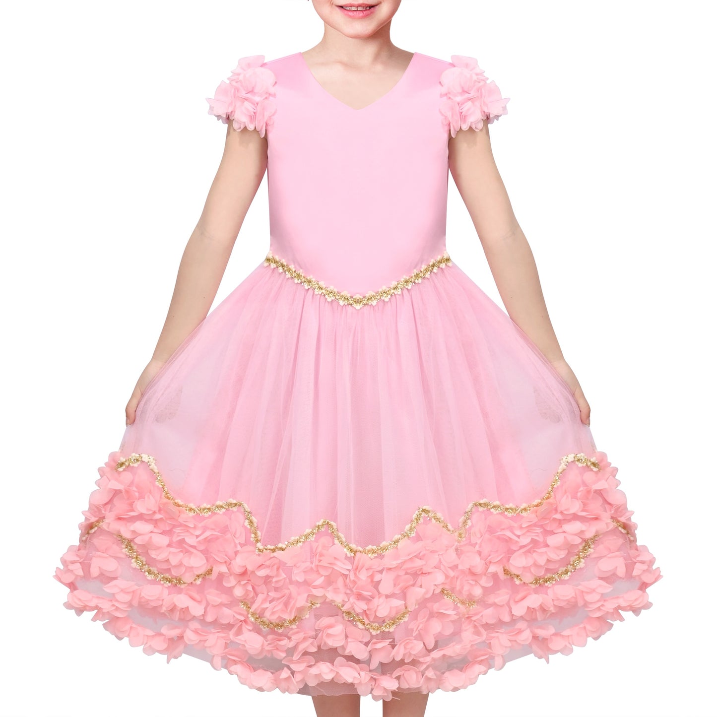 Flower Girls Dress Short Sleeve Applique Embroidery Wedding Party Pageant Dresses Pink