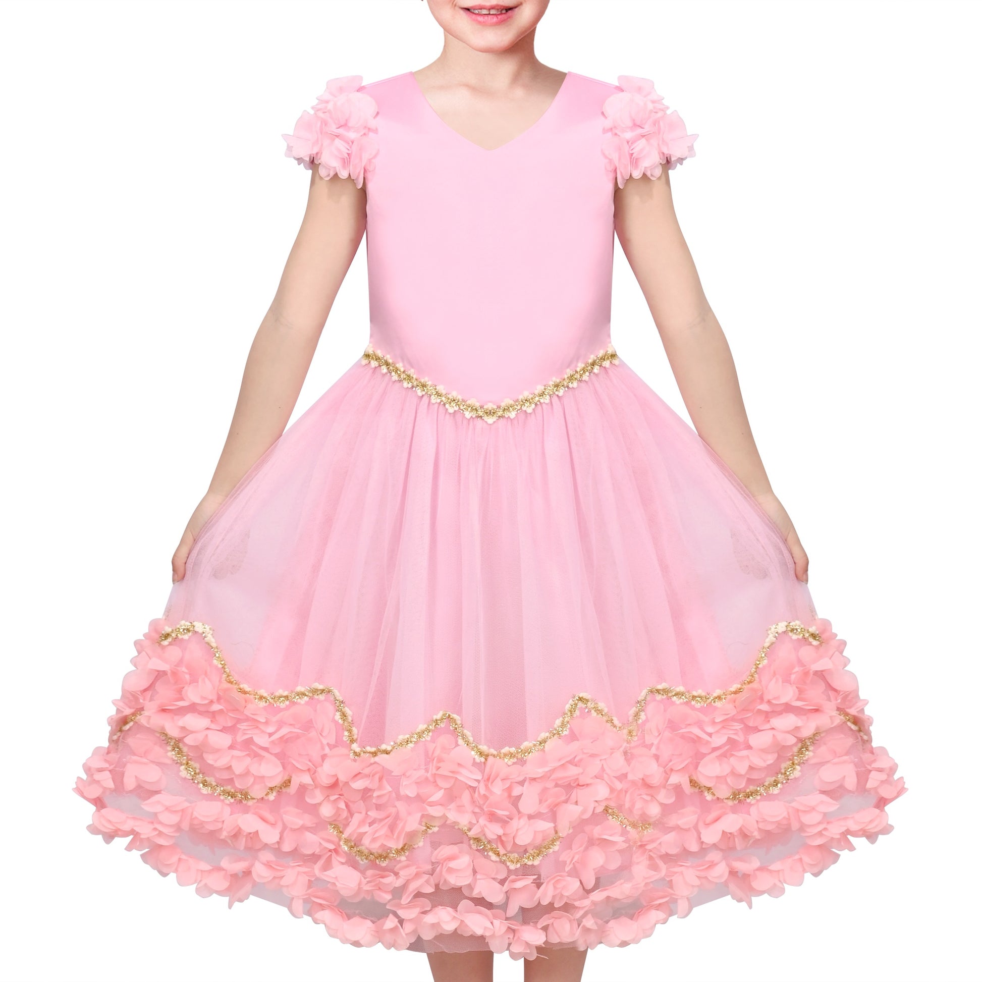 Flower Girls Dress Short Sleeve Applique Embroidery Wedding Party Pageant Dresses Pink
