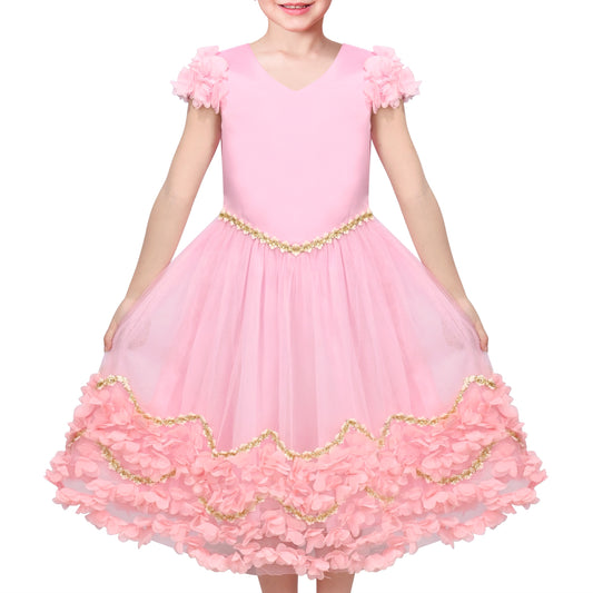 Flower Girls Dress Short Sleeve Applique Embroidery Wedding Party Pageant Dresses Pink