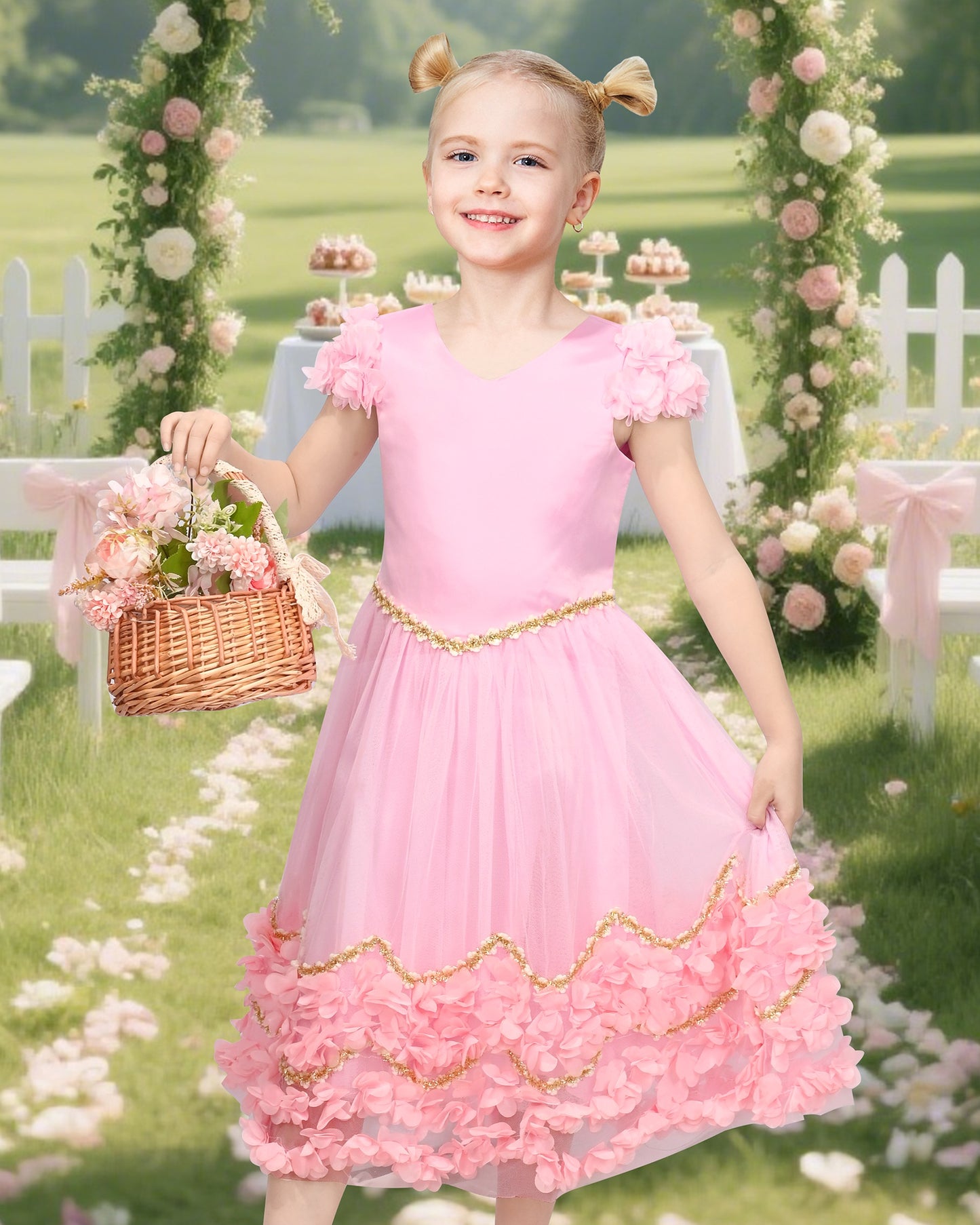 Flower Girls Dress Short Sleeve Applique Embroidery Wedding Party Pageant Dresses Pink