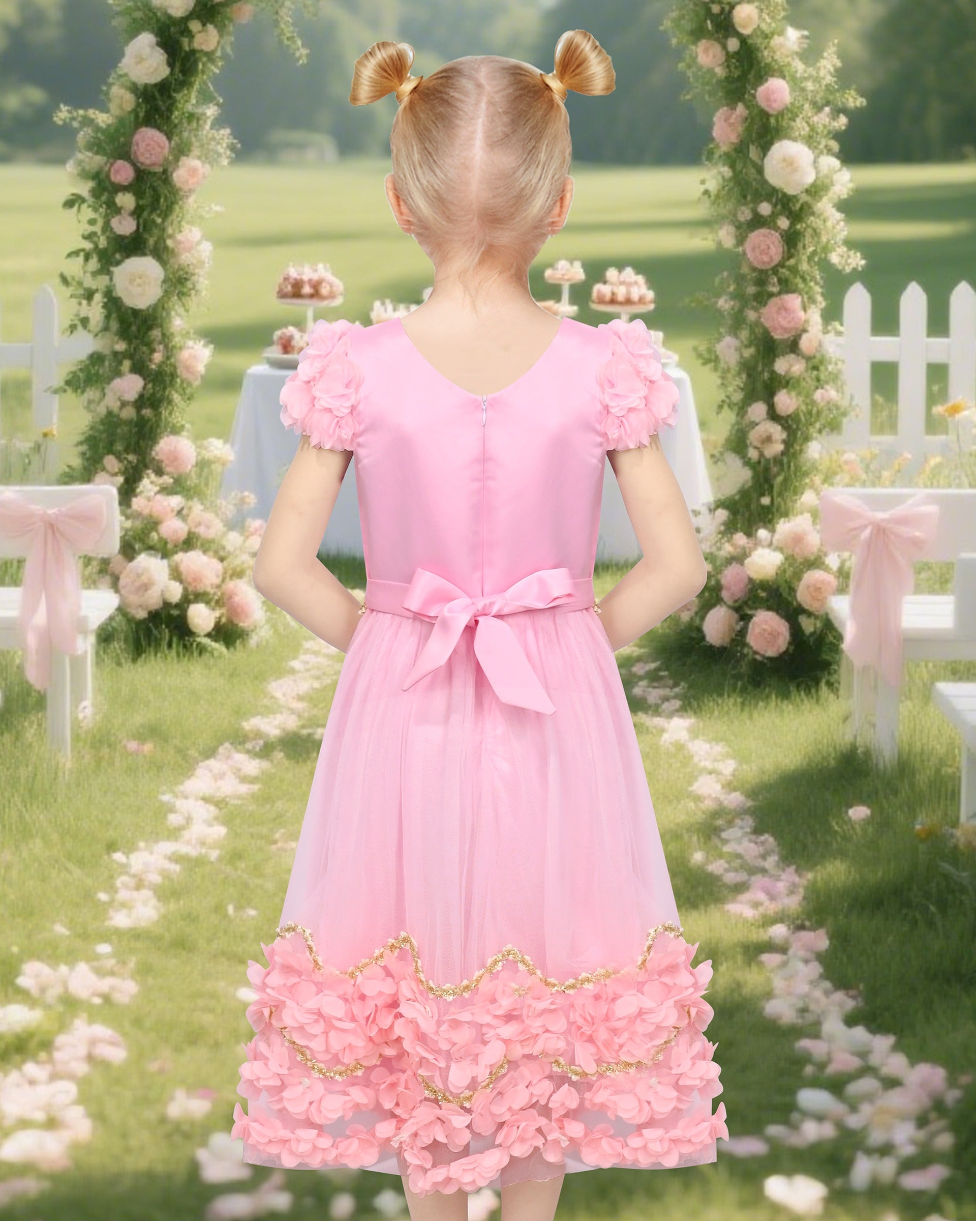 Flower Girls Dress Short Sleeve Applique Embroidery Wedding Party Pageant Dresses Pink