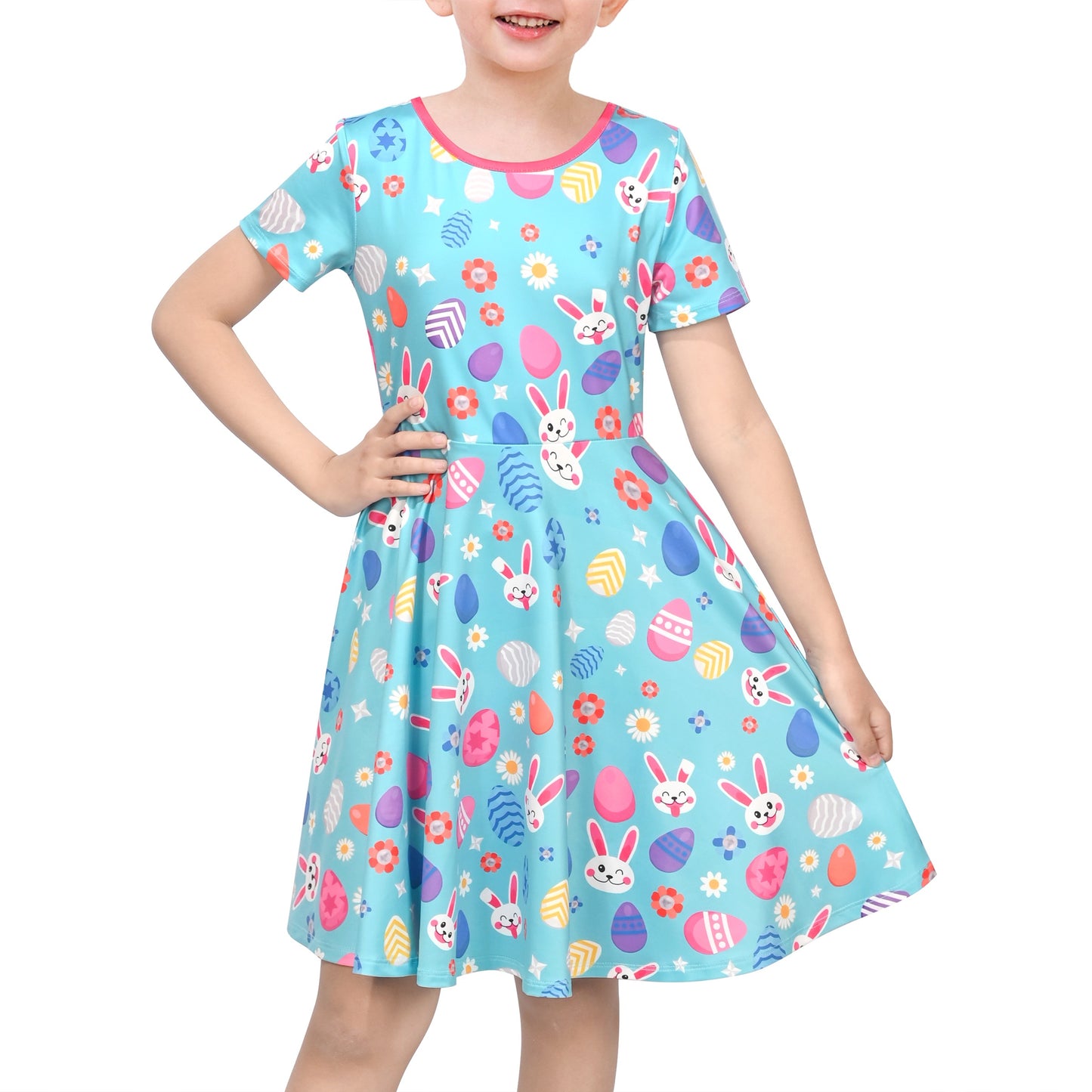 Girls Dress Blue Unicorn Short Sleeve Casual Dress Blue