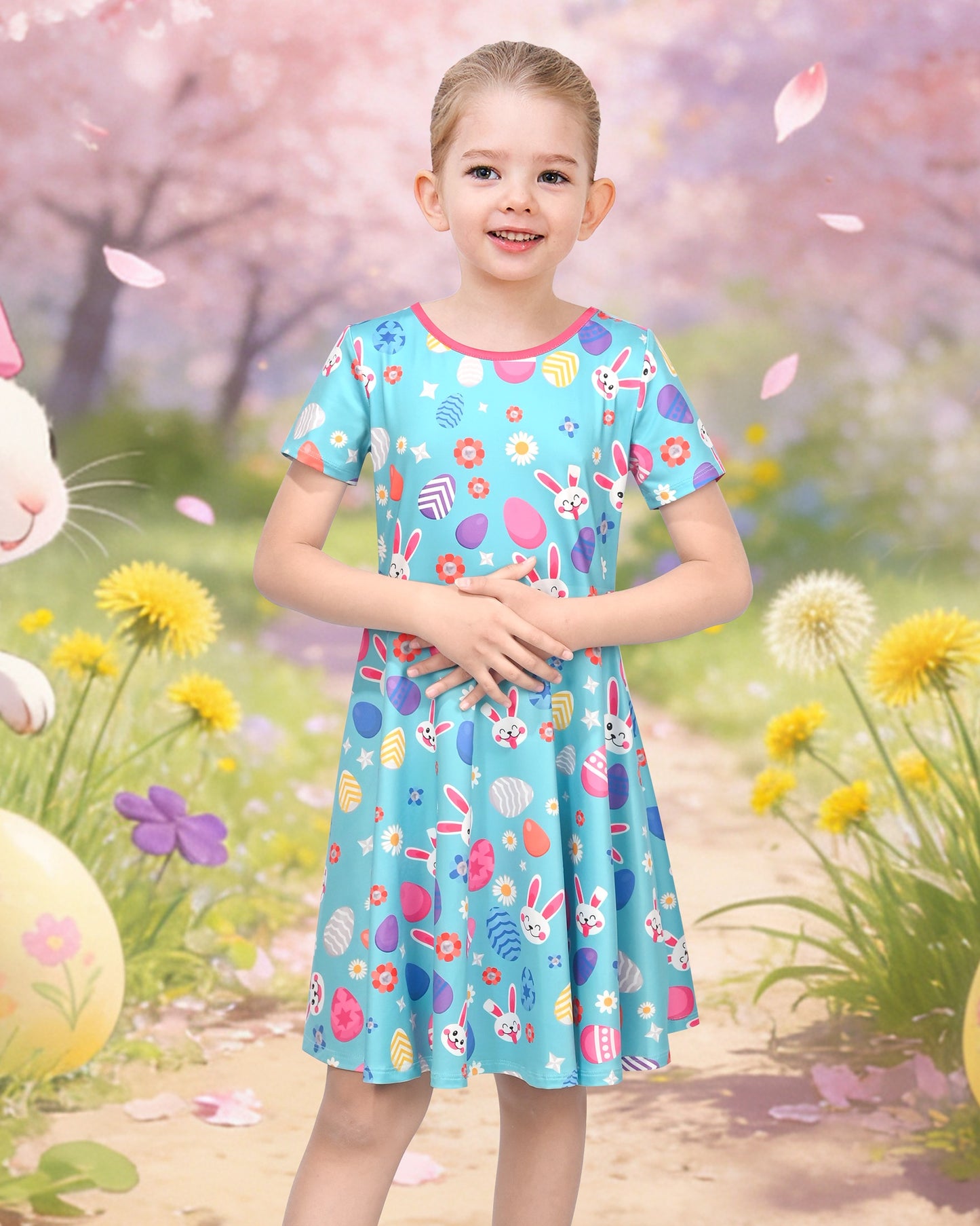 Girls Dress Blue Unicorn Short Sleeve Casual Dress Blue