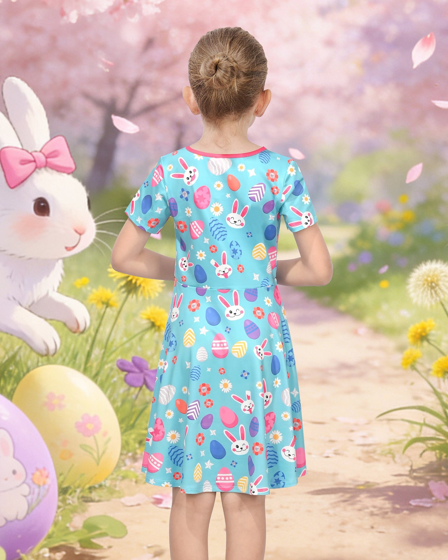 Girls Dress Blue Unicorn Short Sleeve Casual Dress Blue