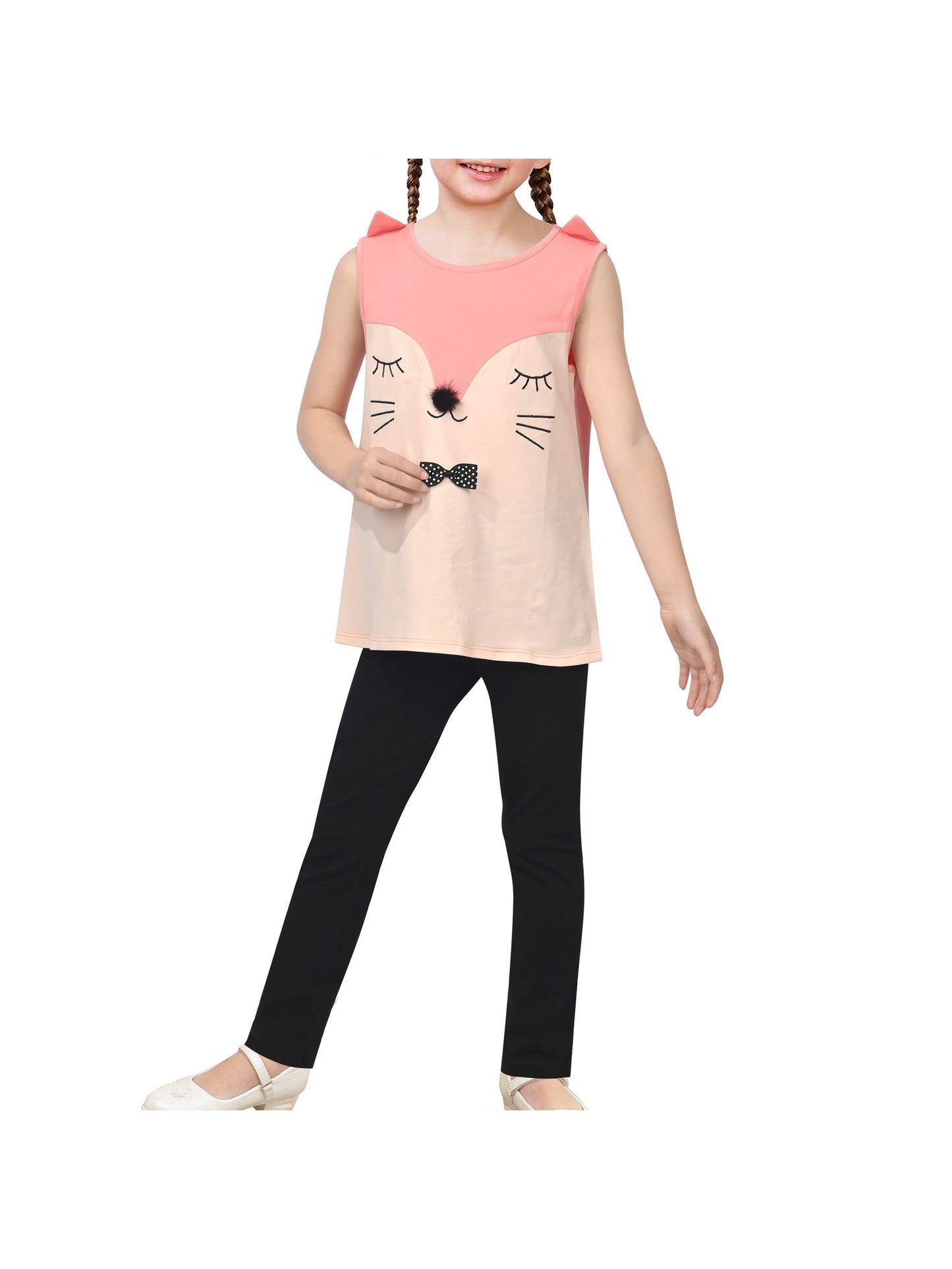 Girls 2 Piece Outfit Set, Cotton Red Zebra Print Top with Flutter Sleeves and Black Pants Pink