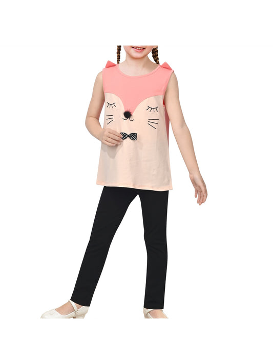 Girls 2 Piece Outfit Set, Cotton Red Zebra Print Top with Flutter Sleeves and Black Pants Pink