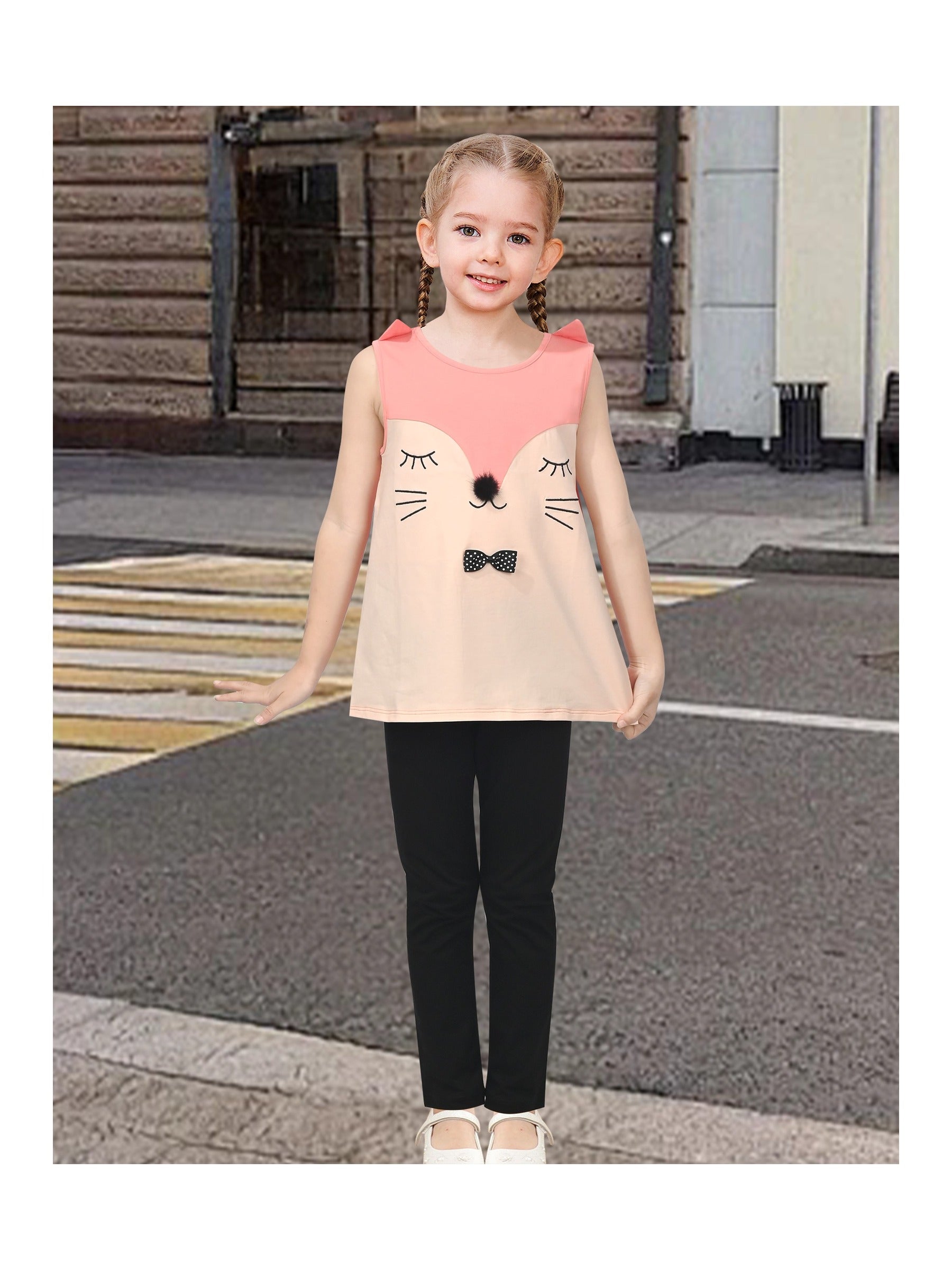 Girls 2 Piece Outfit Set, Cotton Red Zebra Print Top with Flutter Sleeves and Black Pants Pink