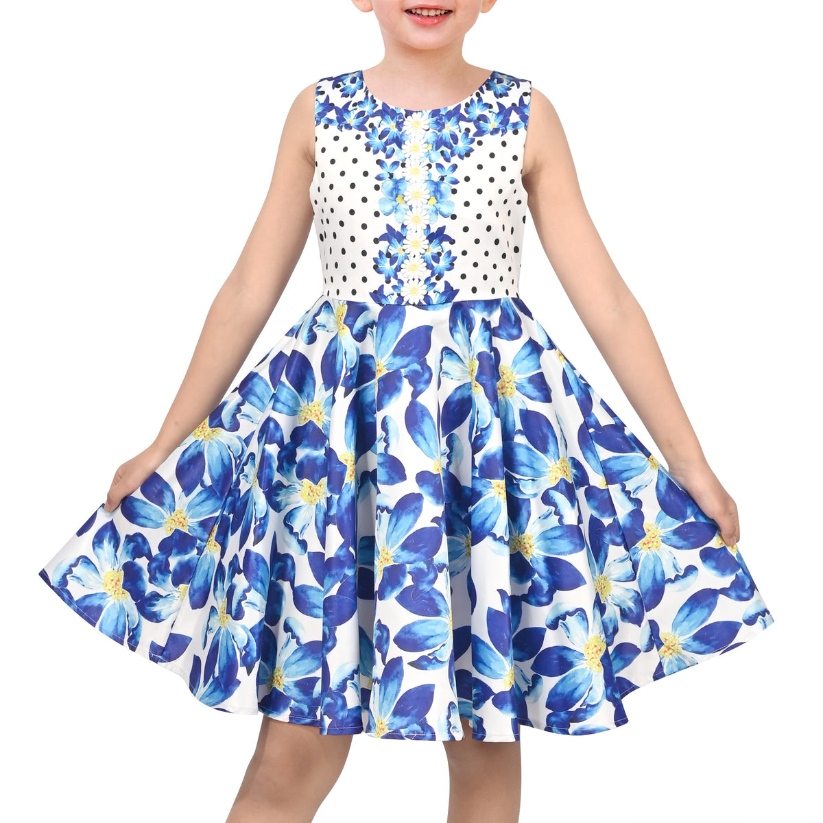 Girls Dress Purple Flower Shell Print Party Dancing Dress - Blue Retro Flower