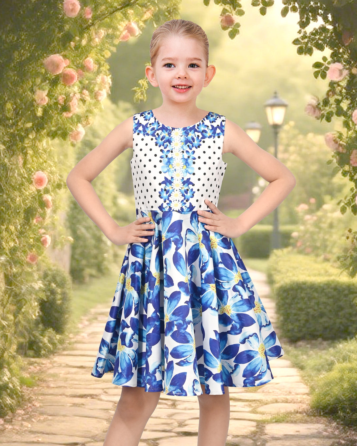 Girls Dress Purple Flower Shell Print Party Dancing Dress - Blue Retro Flower
