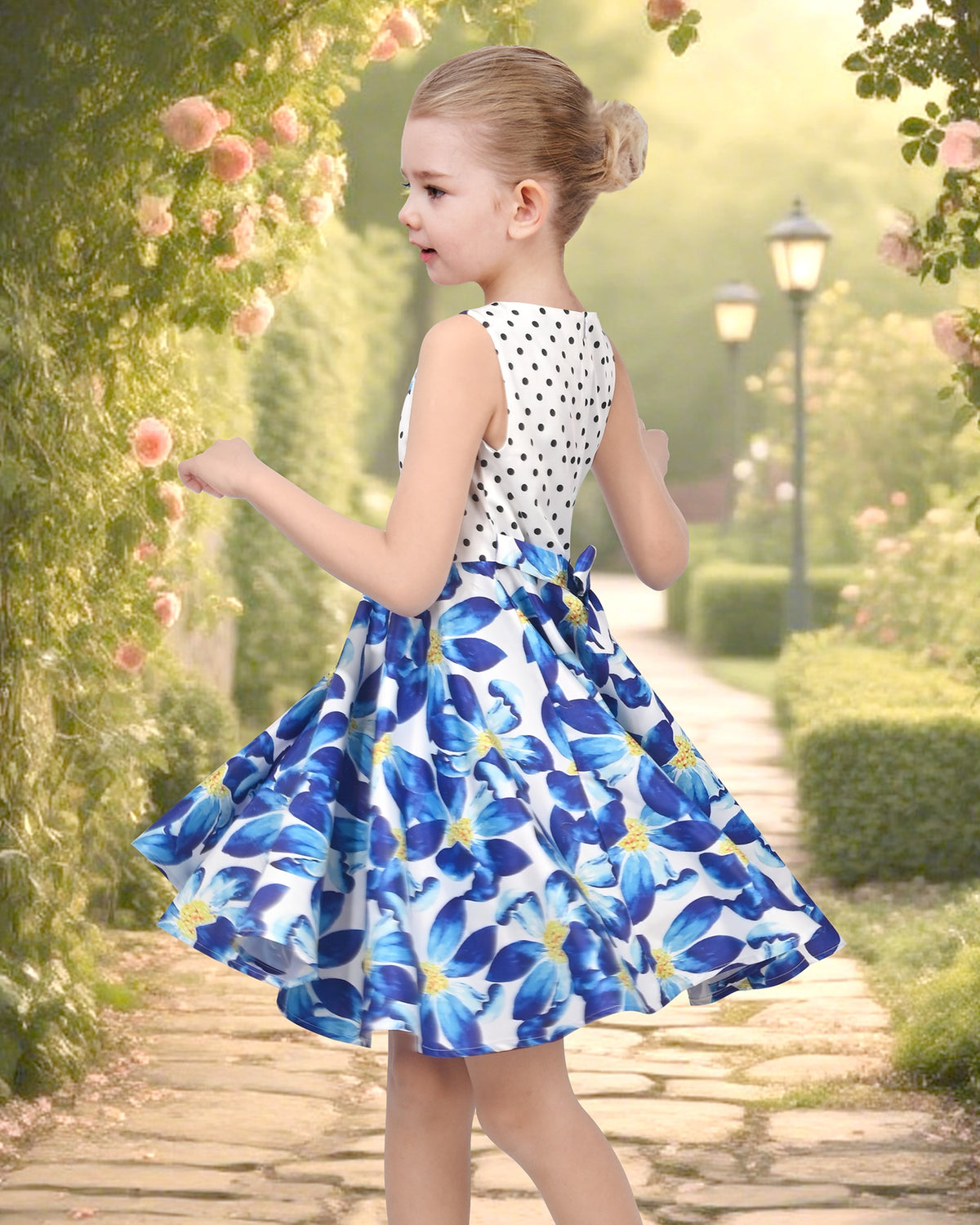 Girls Dress Purple Flower Shell Print Party Dancing Dress - Blue Retro Flower