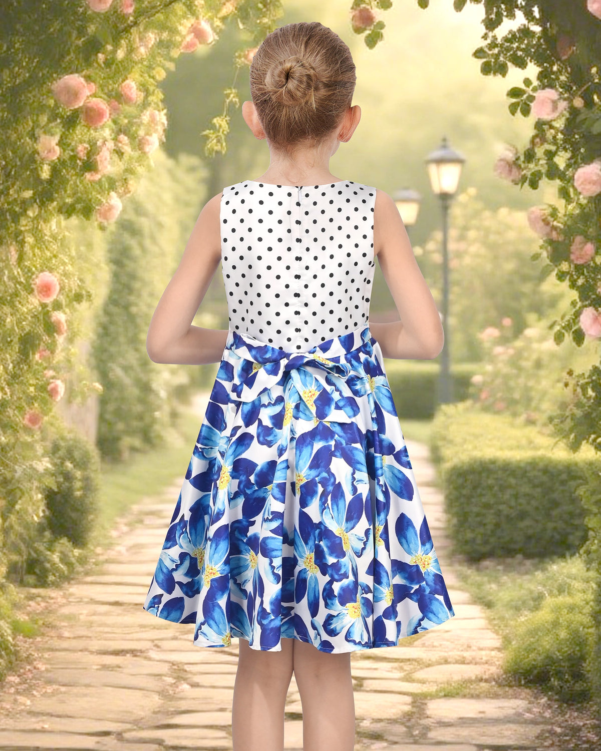 Girls Dress Purple Flower Shell Print Party Dancing Dress - Blue Retro Flower