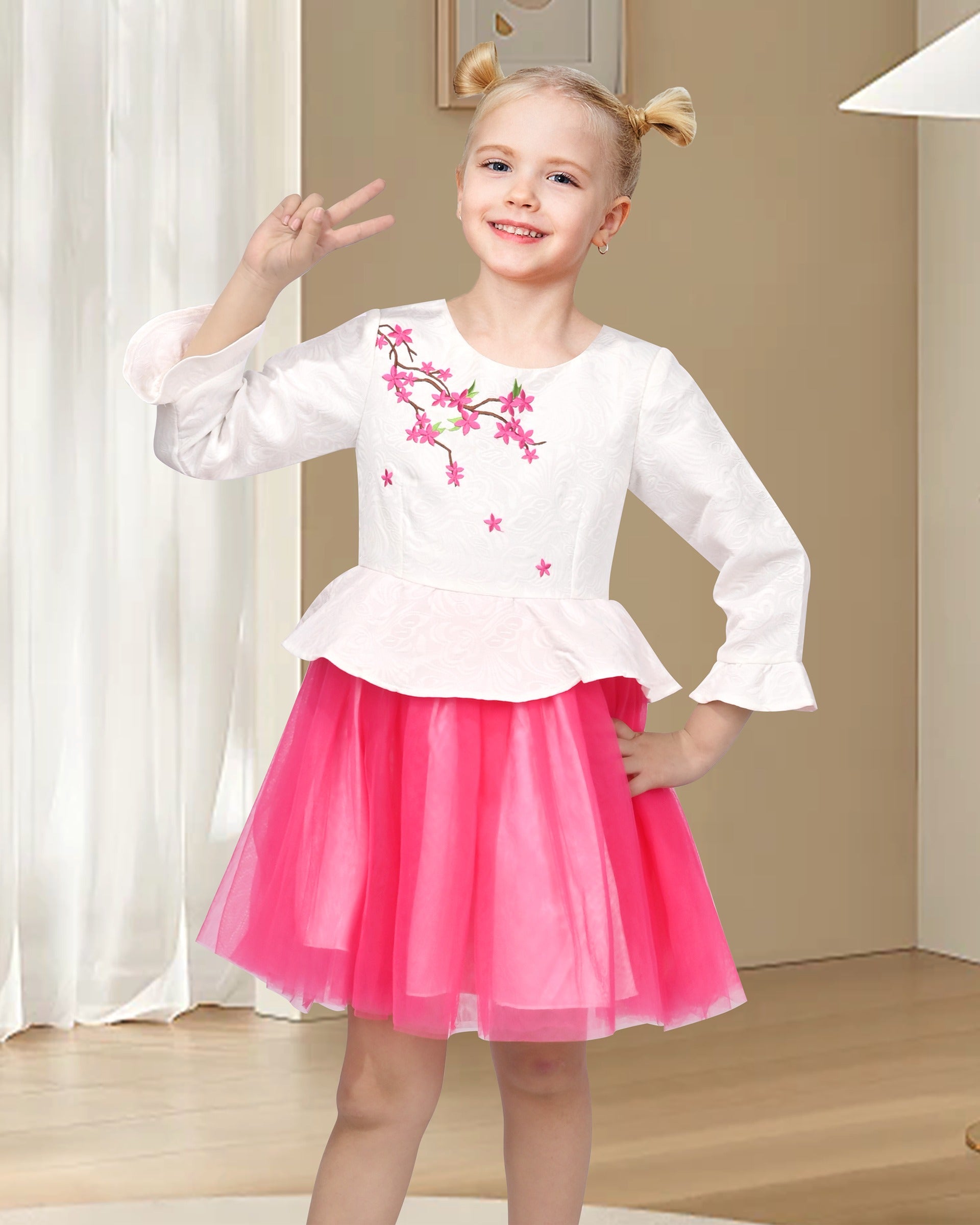Girls Dress 2-in-1 Red Plaid White Collar Tulle Pink