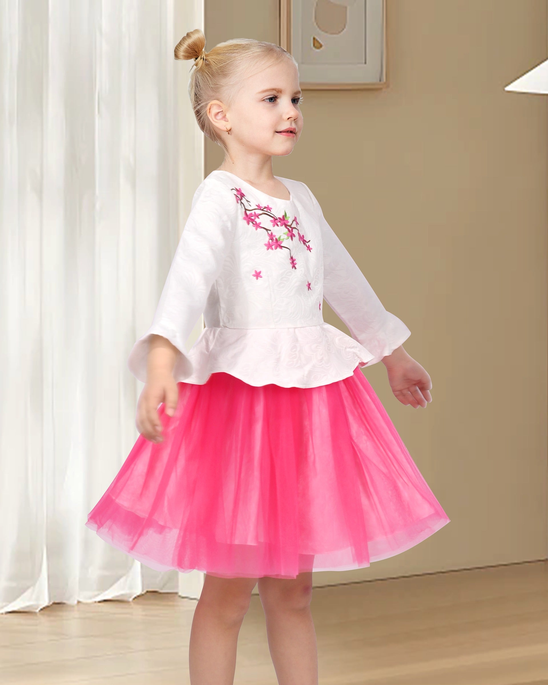 Girls Dress 2-in-1 Red Plaid White Collar Tulle Pink