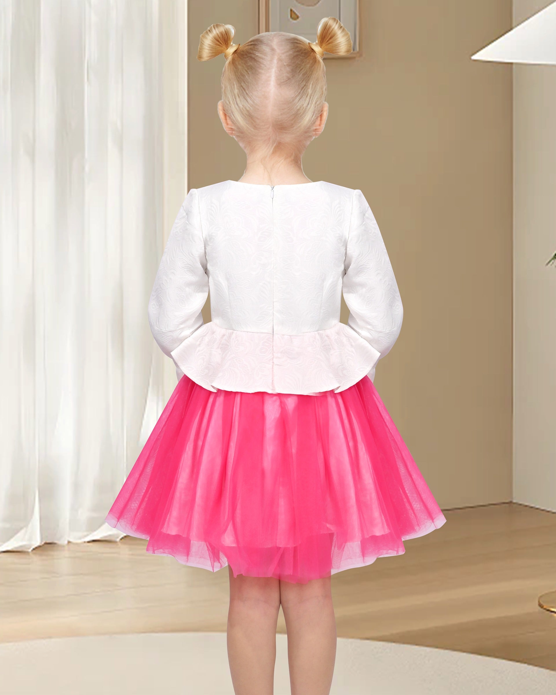 Girls Dress 2-in-1 Red Plaid White Collar Tulle Pink