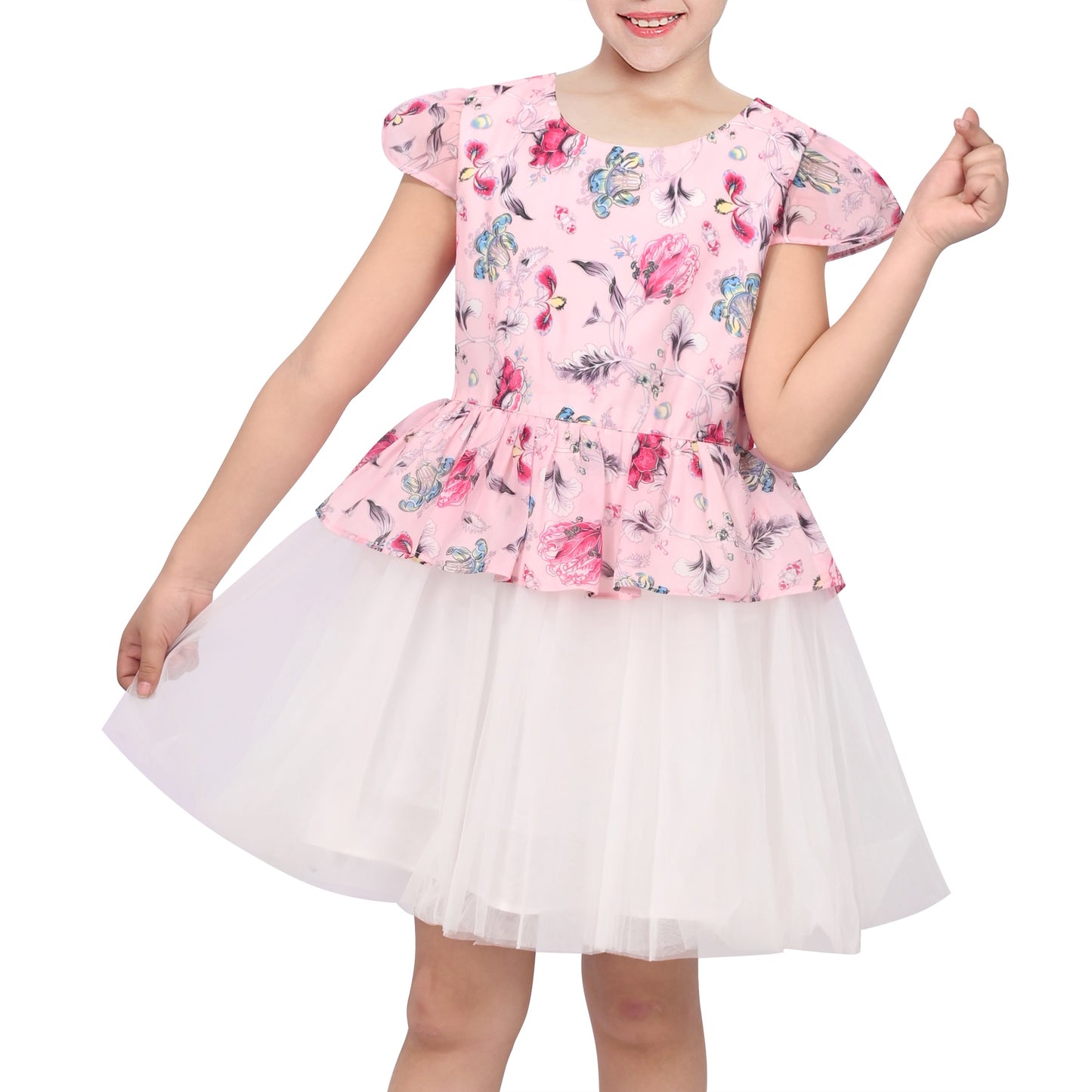 Girls Dress 2-in-1 Red Plaid White Collar Tulle Pink