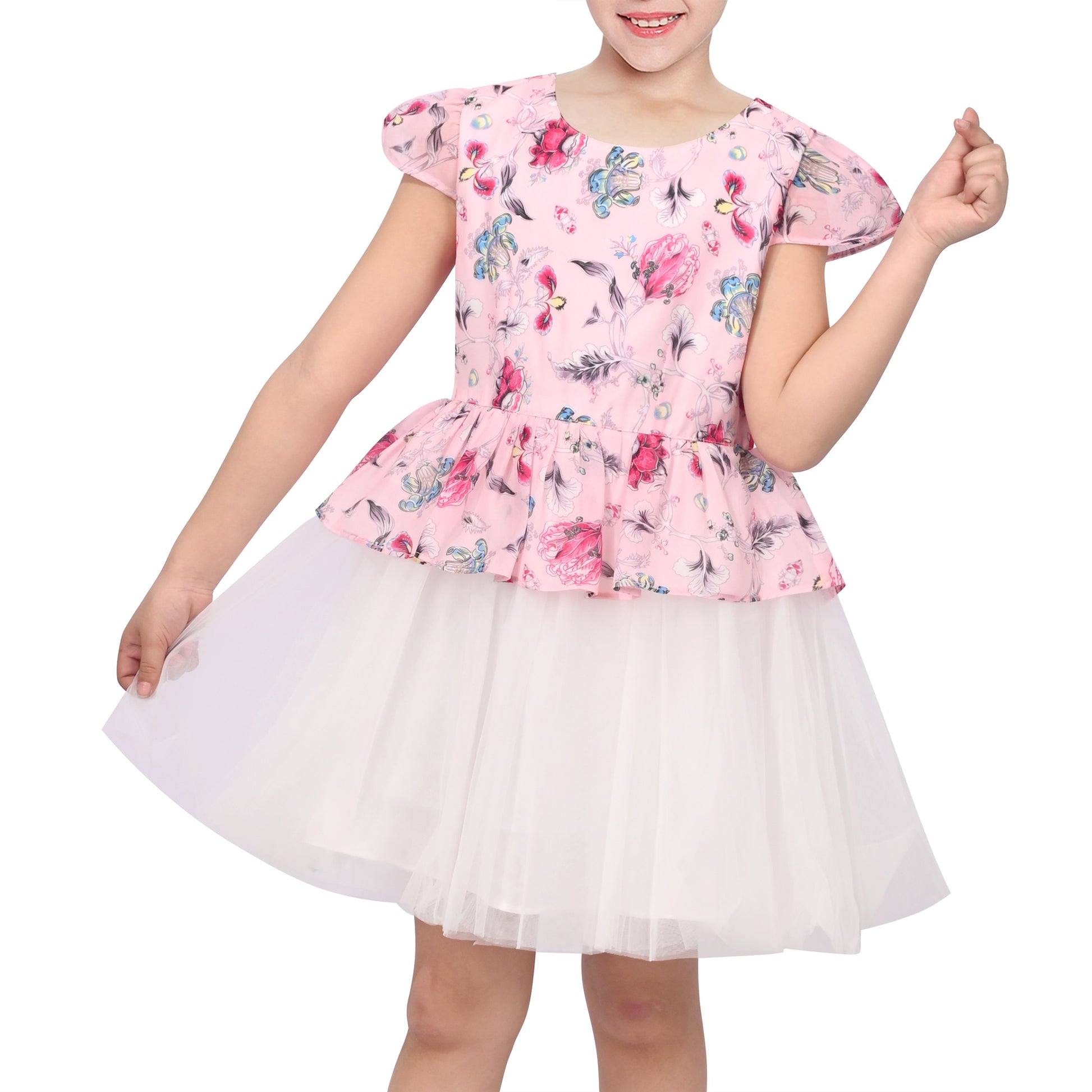 Girls Dress 2-in-1 Red Plaid White Collar Tulle Pink