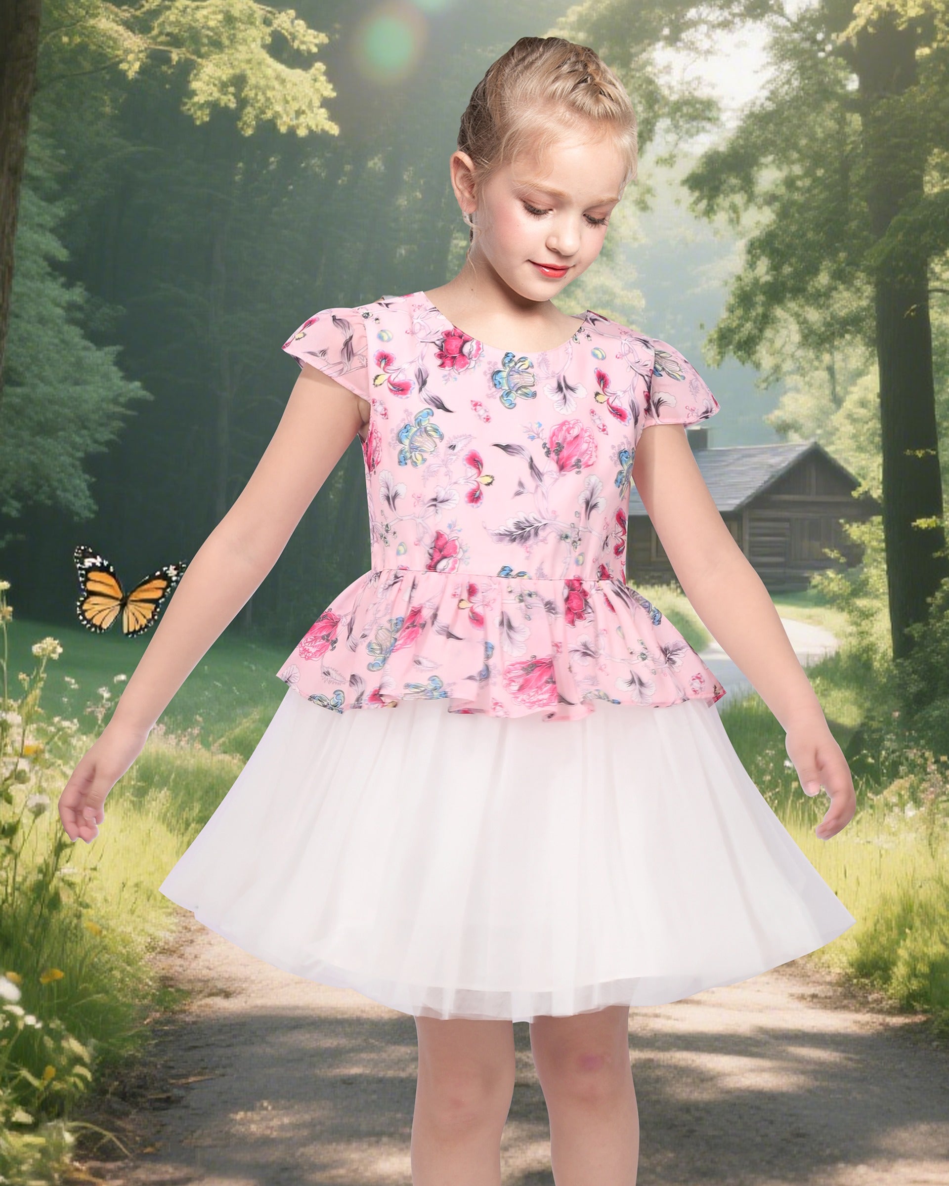 Girls Dress 2-in-1 Red Plaid White Collar Tulle Pink