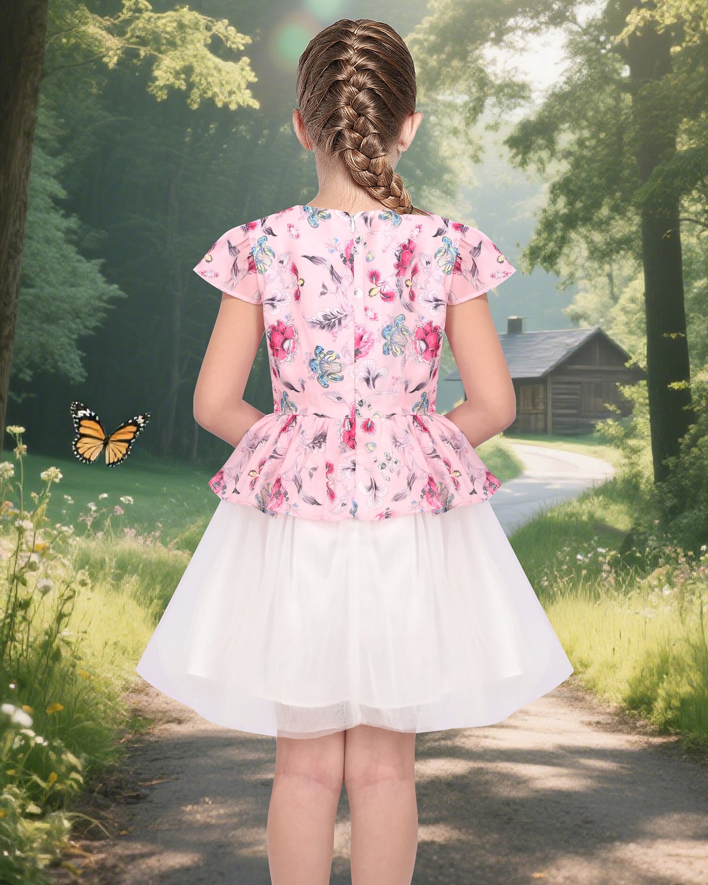 Girls Dress 2-in-1 Red Plaid White Collar Tulle Pink
