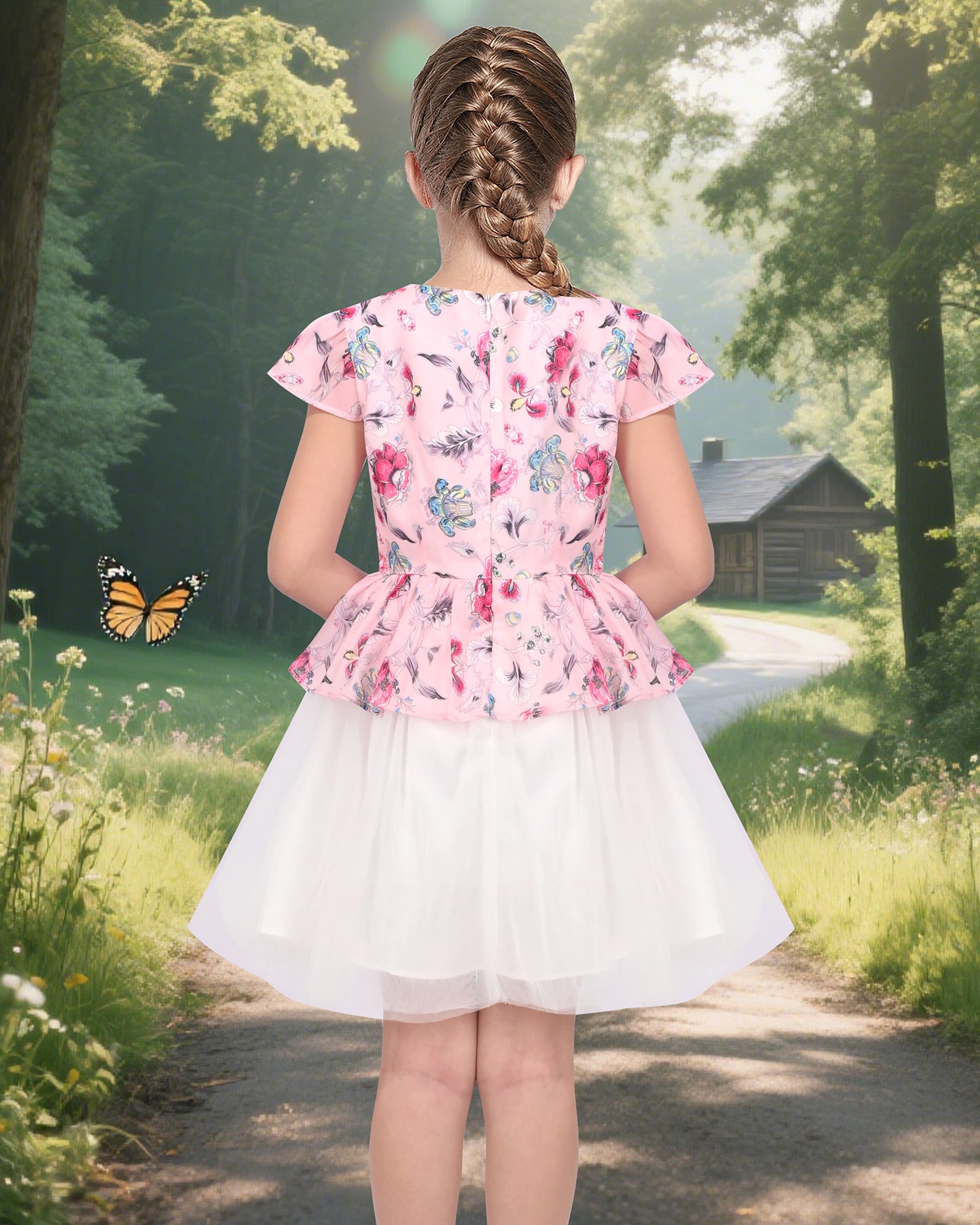 Girls Dress 2-in-1 Red Plaid White Collar Tulle Pink