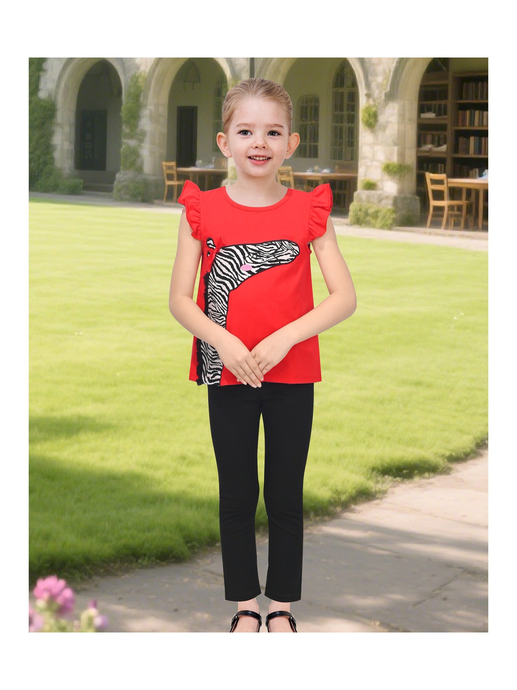 Girls 2 Piece Outfit Set, Cotton Red Zebra Print Top with Flutter Sleeves and Black Pants Red