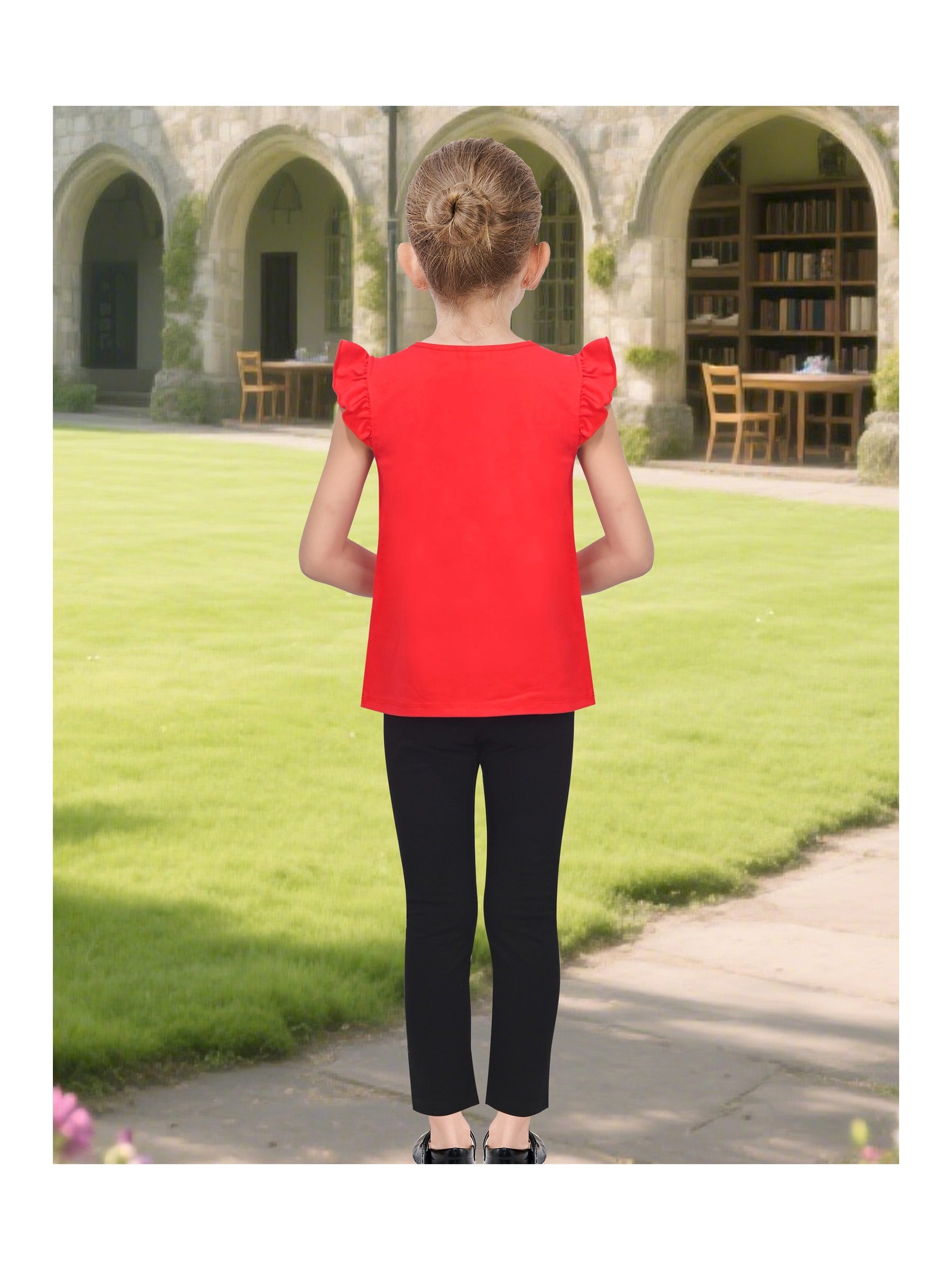 Girls 2 Piece Outfit Set, Cotton Red Zebra Print Top with Flutter Sleeves and Black Pants Red