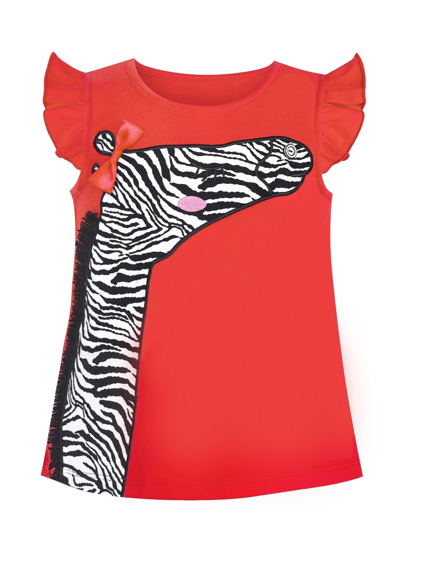 Girls 2 Piece Outfit Set, Cotton Red Zebra Print Top with Flutter Sleeves and Black Pants Red