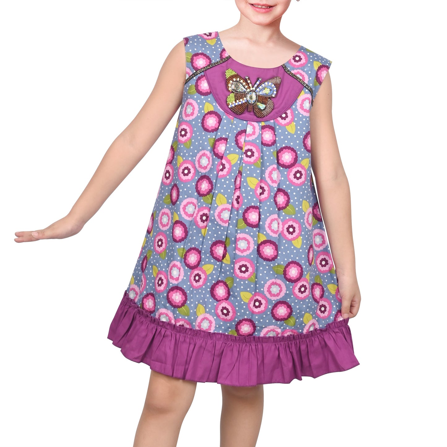 Girls Dress Rainbow Multicolor Bunny Embroidery Easter Button Back Chevron Spring Casual Purple