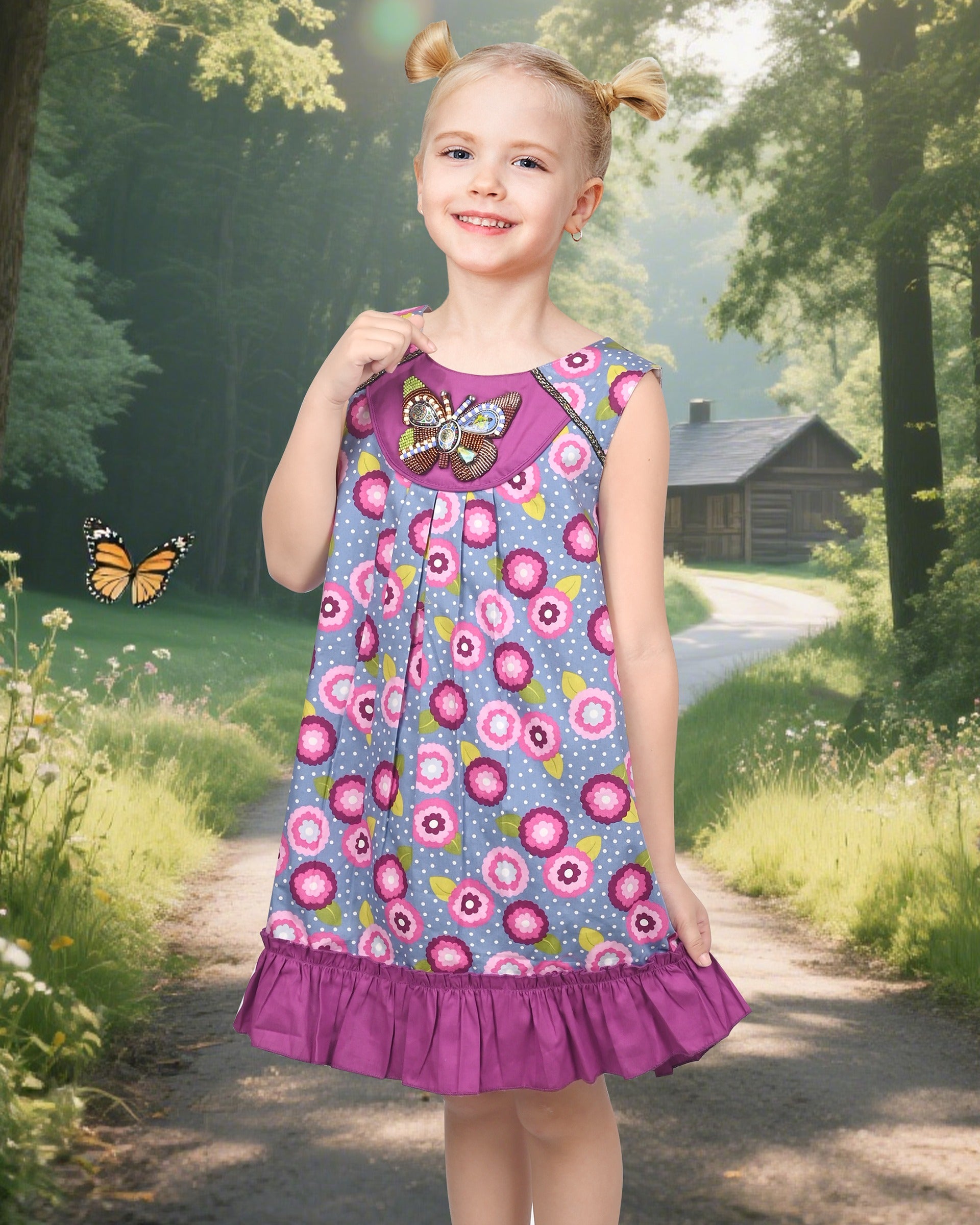 Girls Dress Rainbow Multicolor Bunny Embroidery Easter Button Back Chevron Spring Casual Purple