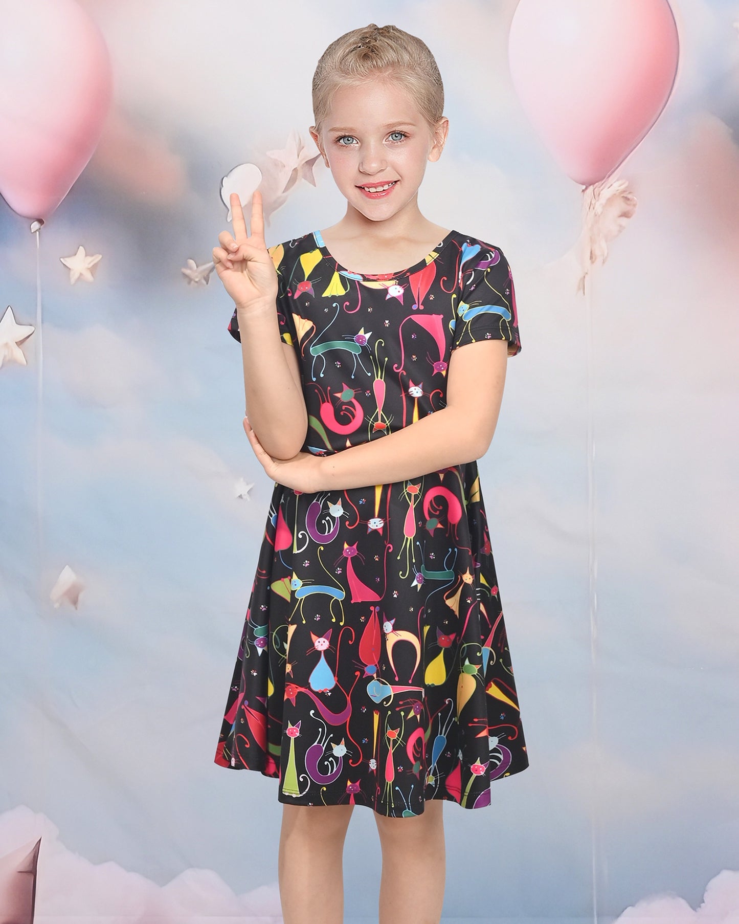 Girls Dress Blue Unicorn Short Sleeve Casual Dress Multi-Color
