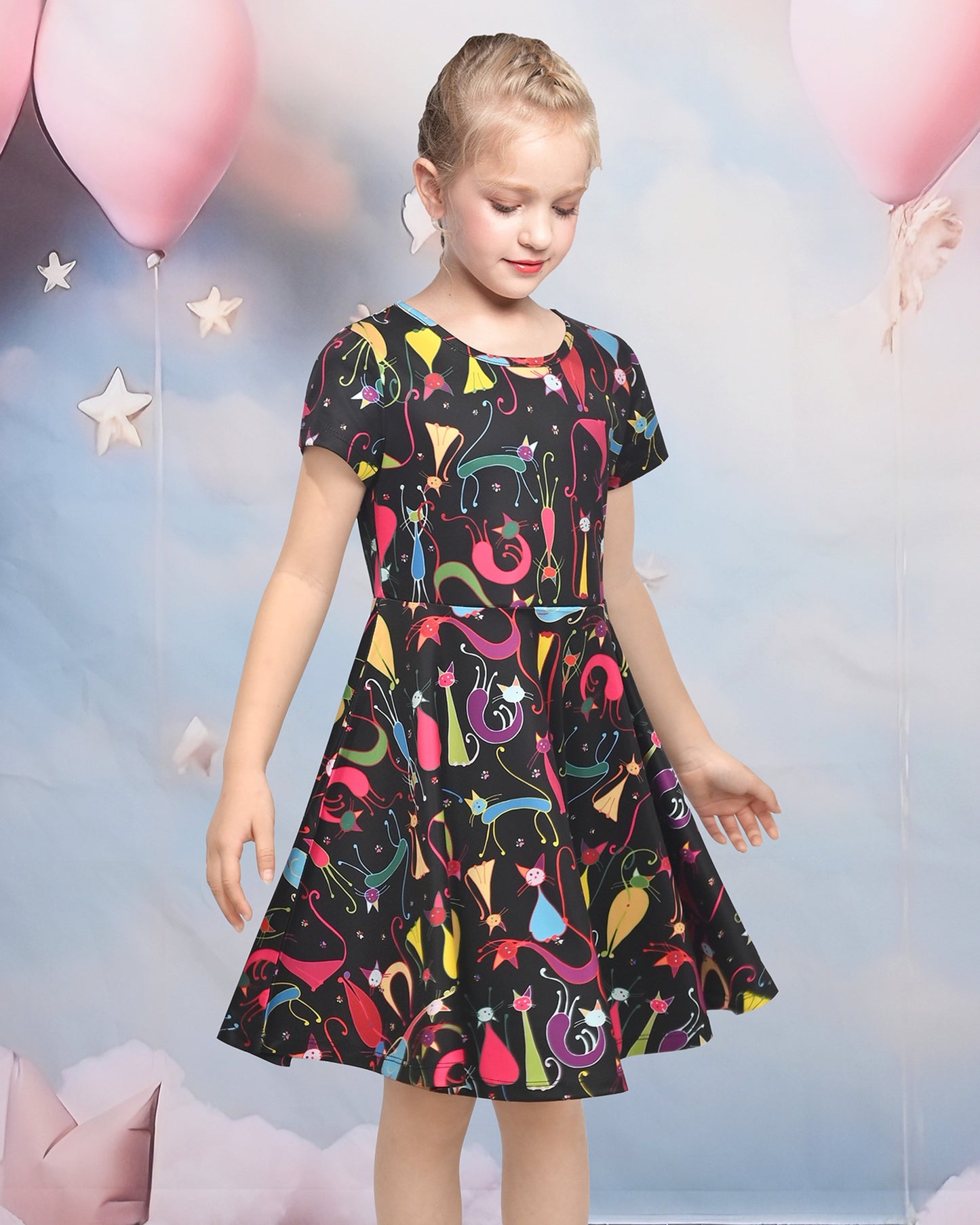 Girls Dress Blue Unicorn Short Sleeve Casual Dress Multi-Color
