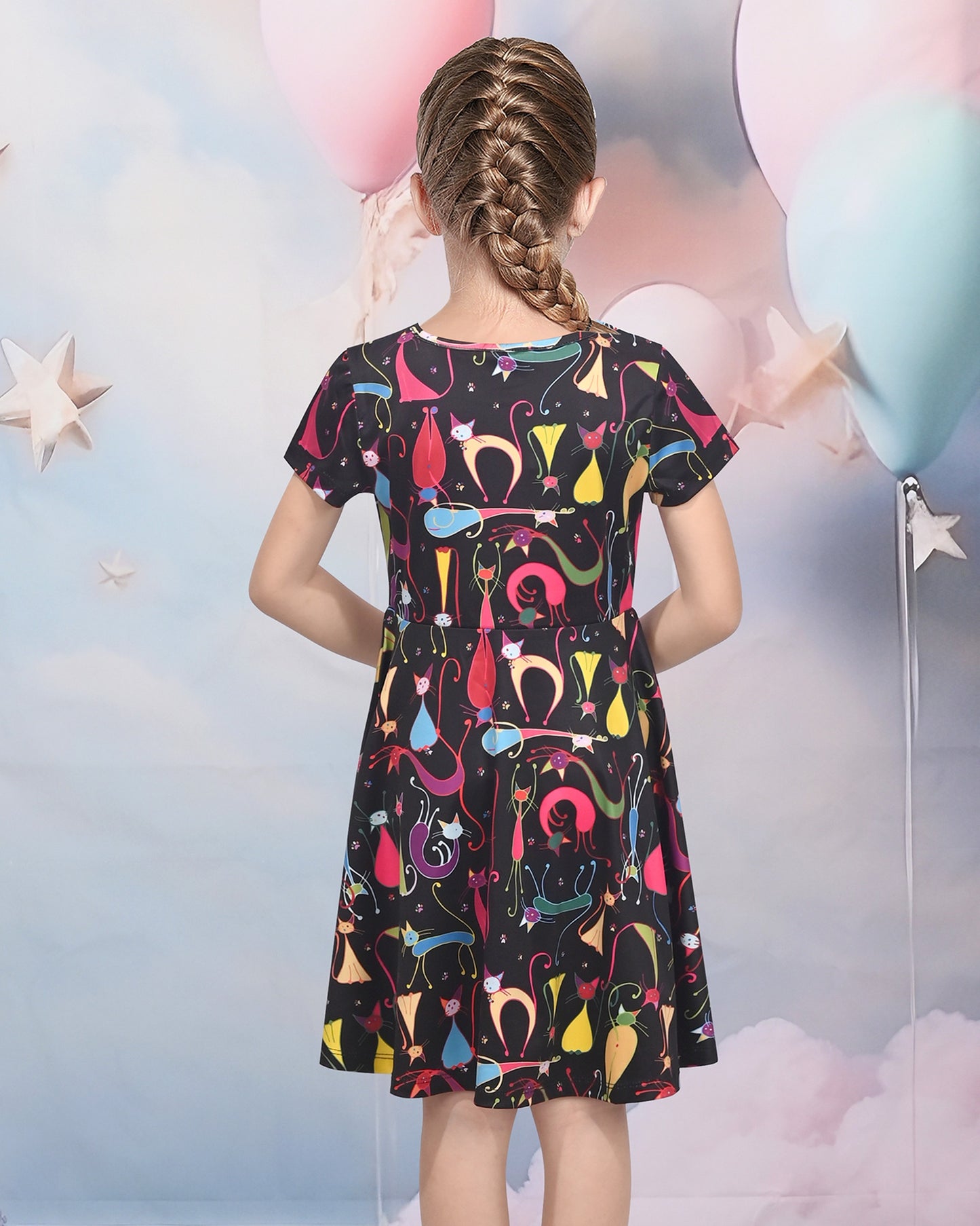 Girls Dress Blue Unicorn Short Sleeve Casual Dress Multi-Color